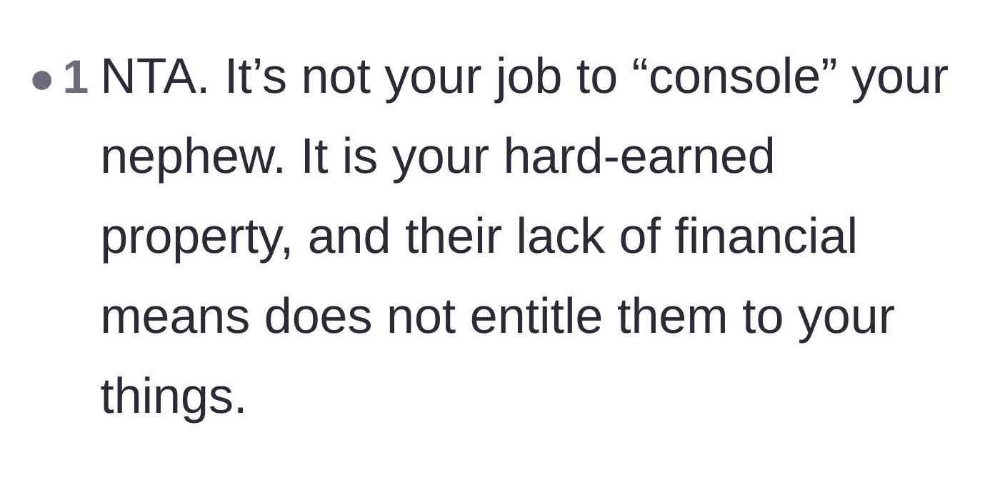 Comment thread 1 - A blunt reminder that financial disparity doesn't justify entitlement to someone else's property.