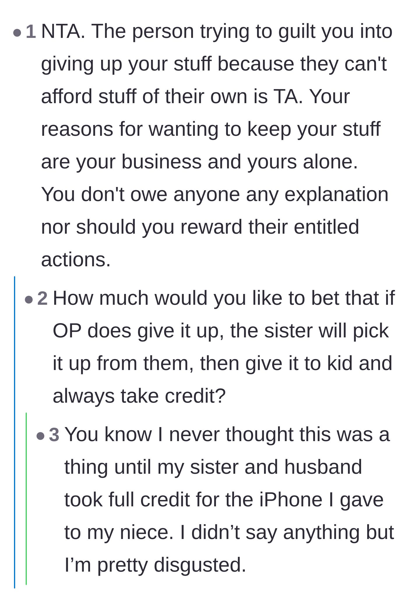Comment thread 2 - Predictions about the sister stealing the credit if the uncle caved to the guilt trip.