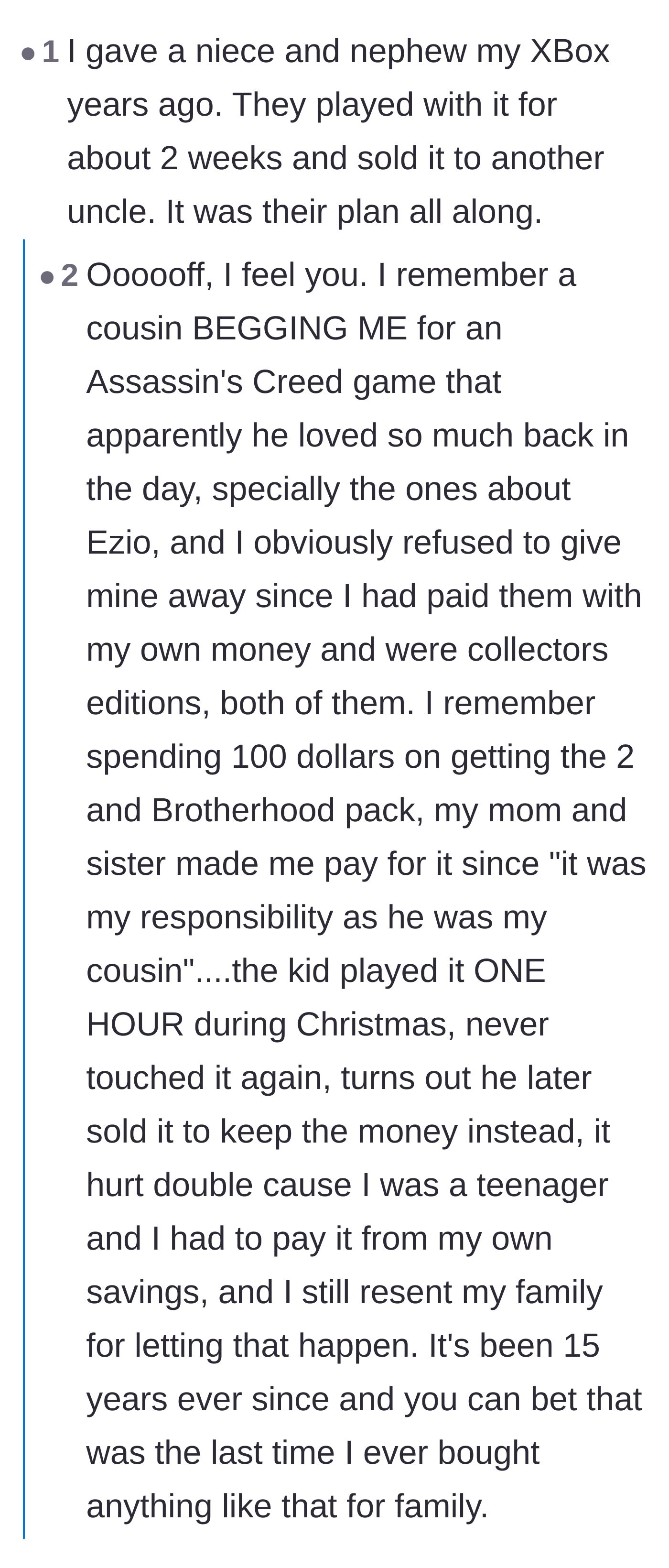 Comment thread 5 - Horror stories from other users who were forced to gift expensive items only to have them immediately sold.