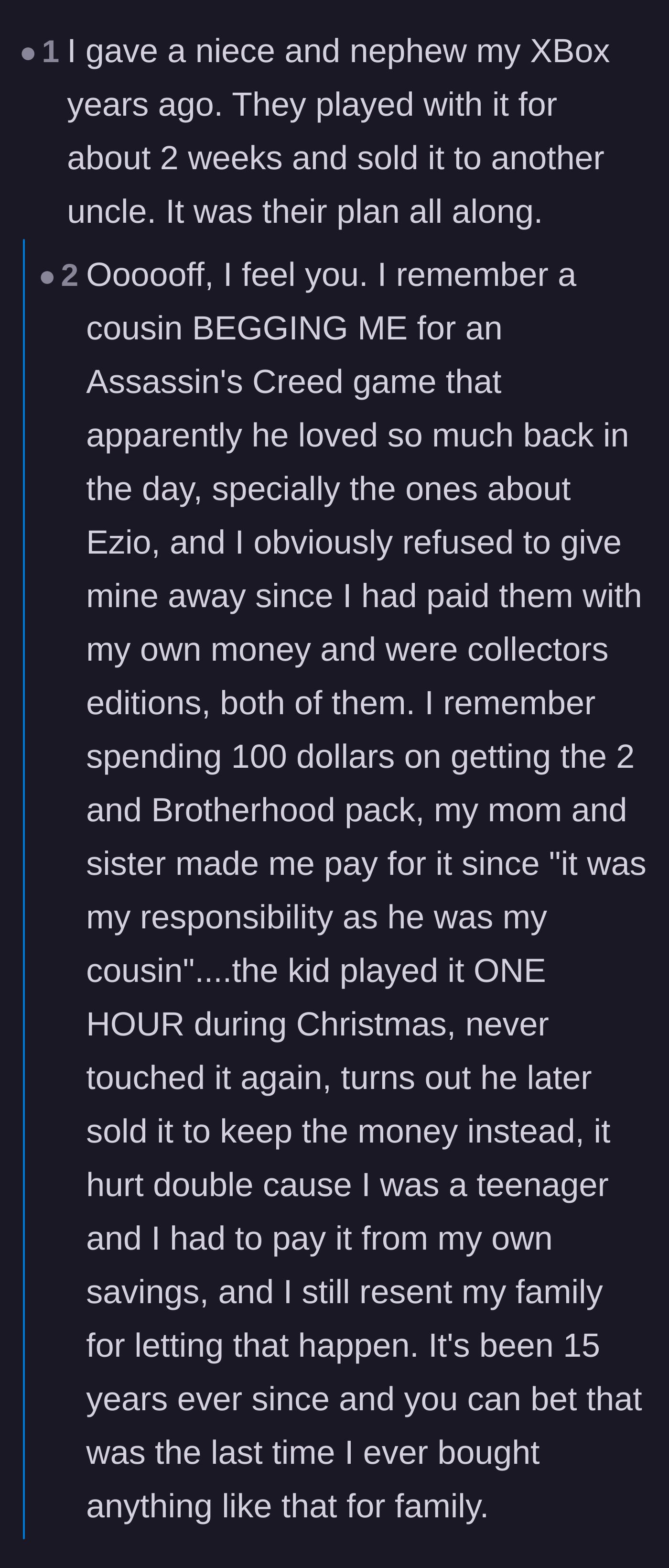 Comment thread 5 - Horror stories from other users who were forced to gift expensive items only to have them immediately sold.