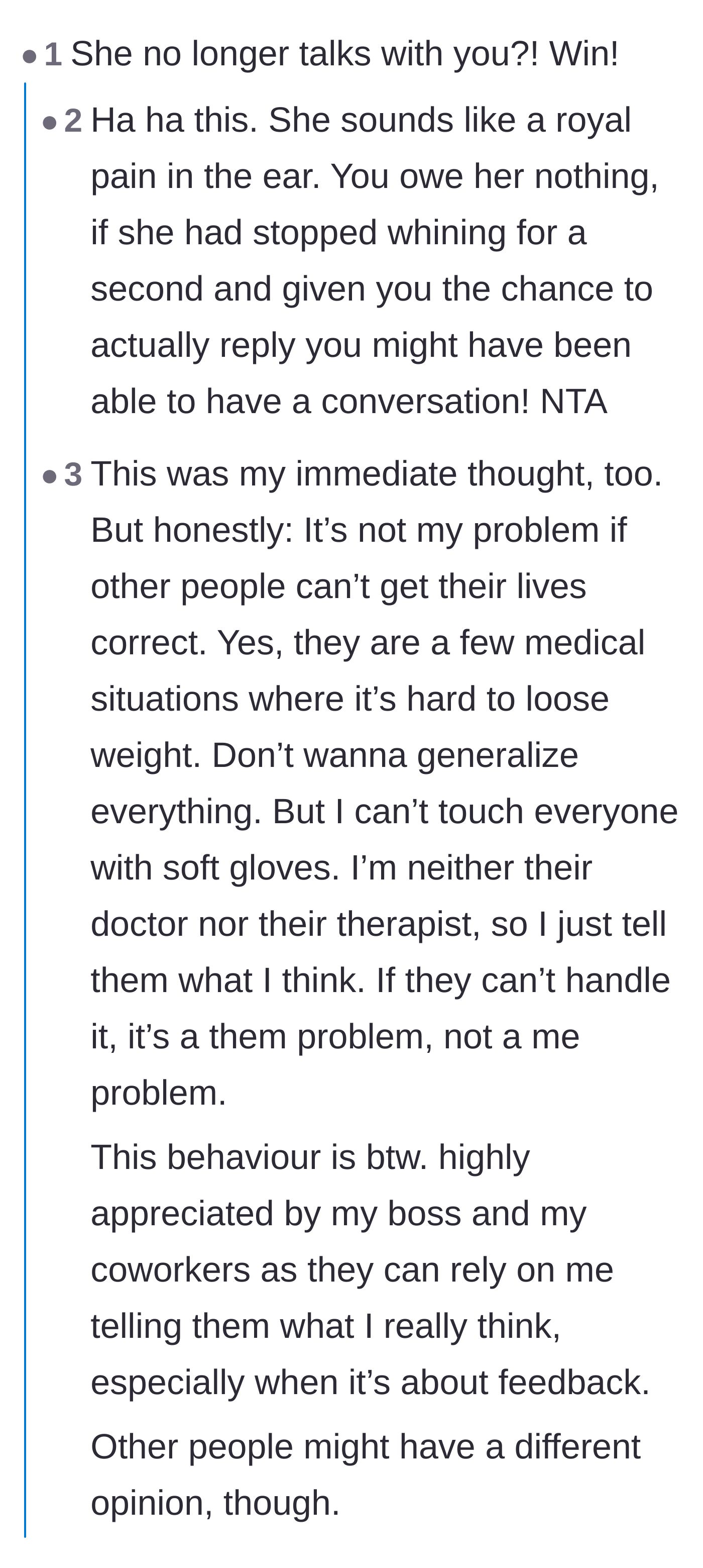 Comment thread 1 - Readers sharing personal stories about weight fluctuations and agreeing that the coworker's silent treatment is a blessing.
