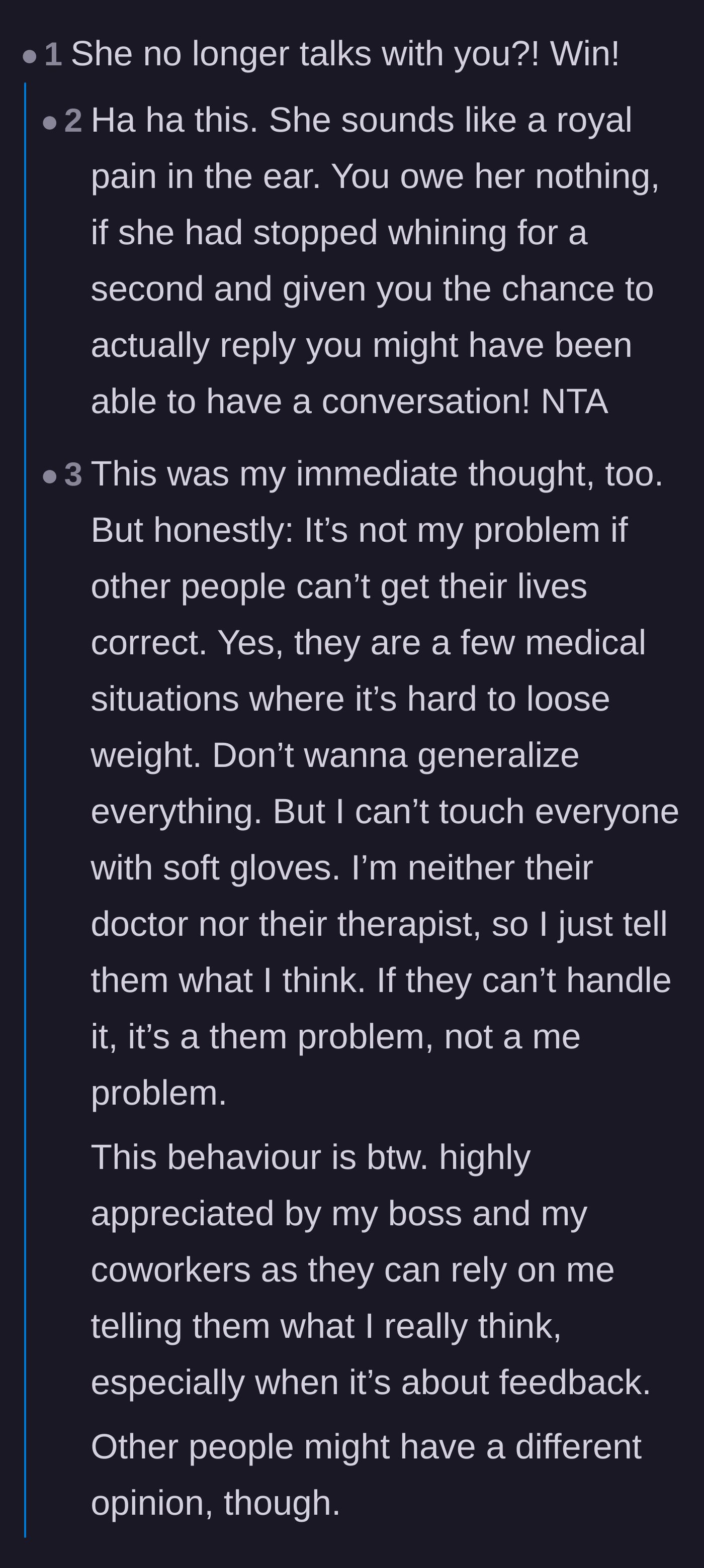 Comment thread 1 - Readers sharing personal stories about weight fluctuations and agreeing that the coworker's silent treatment is a blessing.