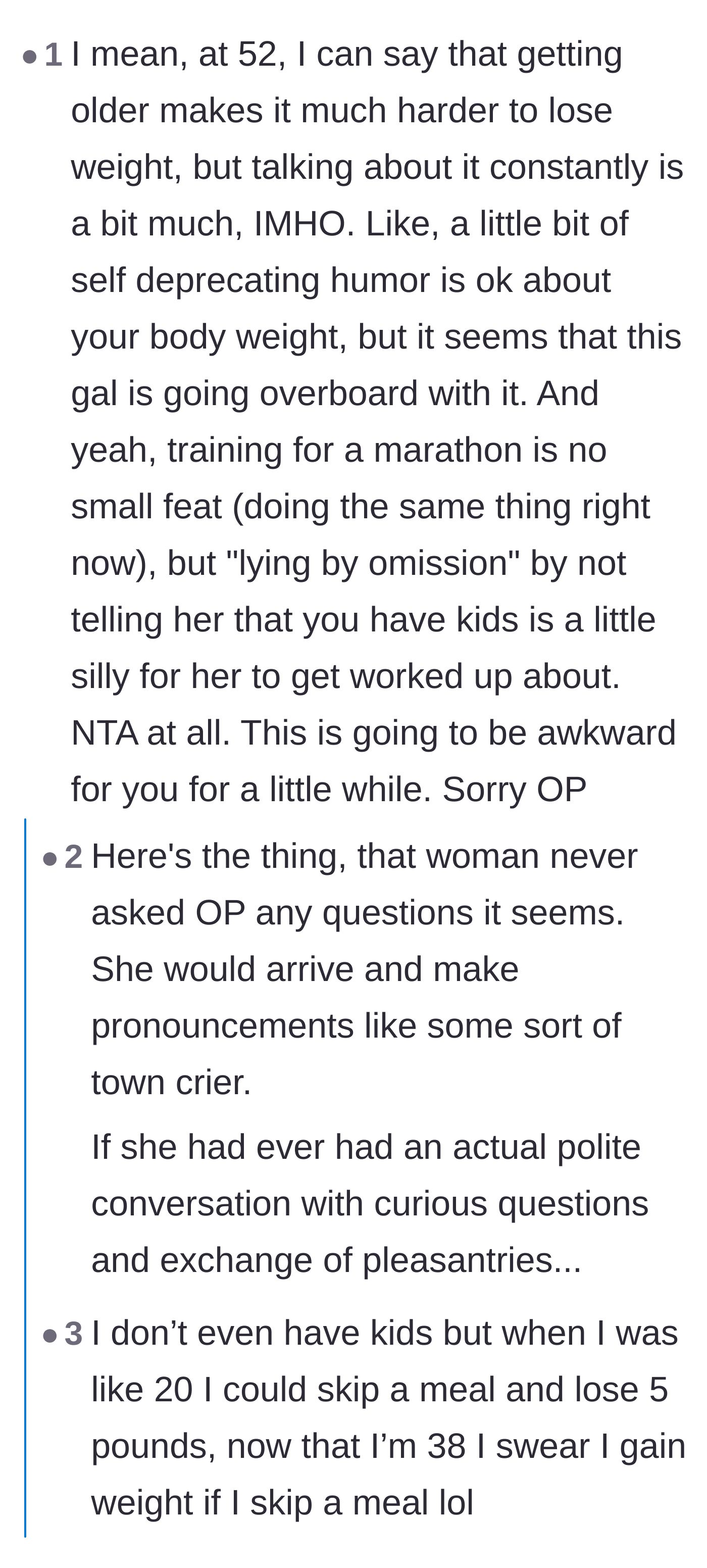 Comment thread 2 - A discussion on how metabolism changes with age and why self-deprecating weight jokes are inappropriate at work.