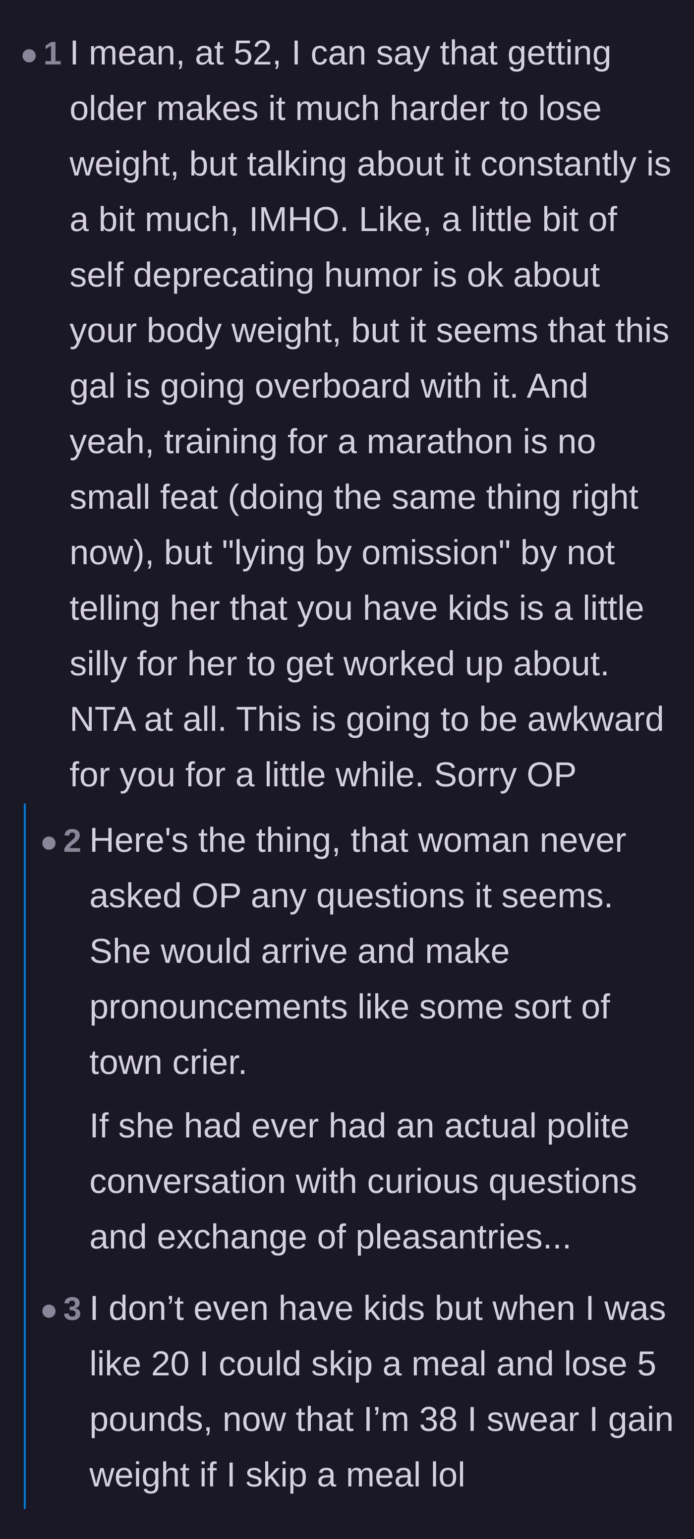 Comment thread 2 - A discussion on how metabolism changes with age and why self-deprecating weight jokes are inappropriate at work.