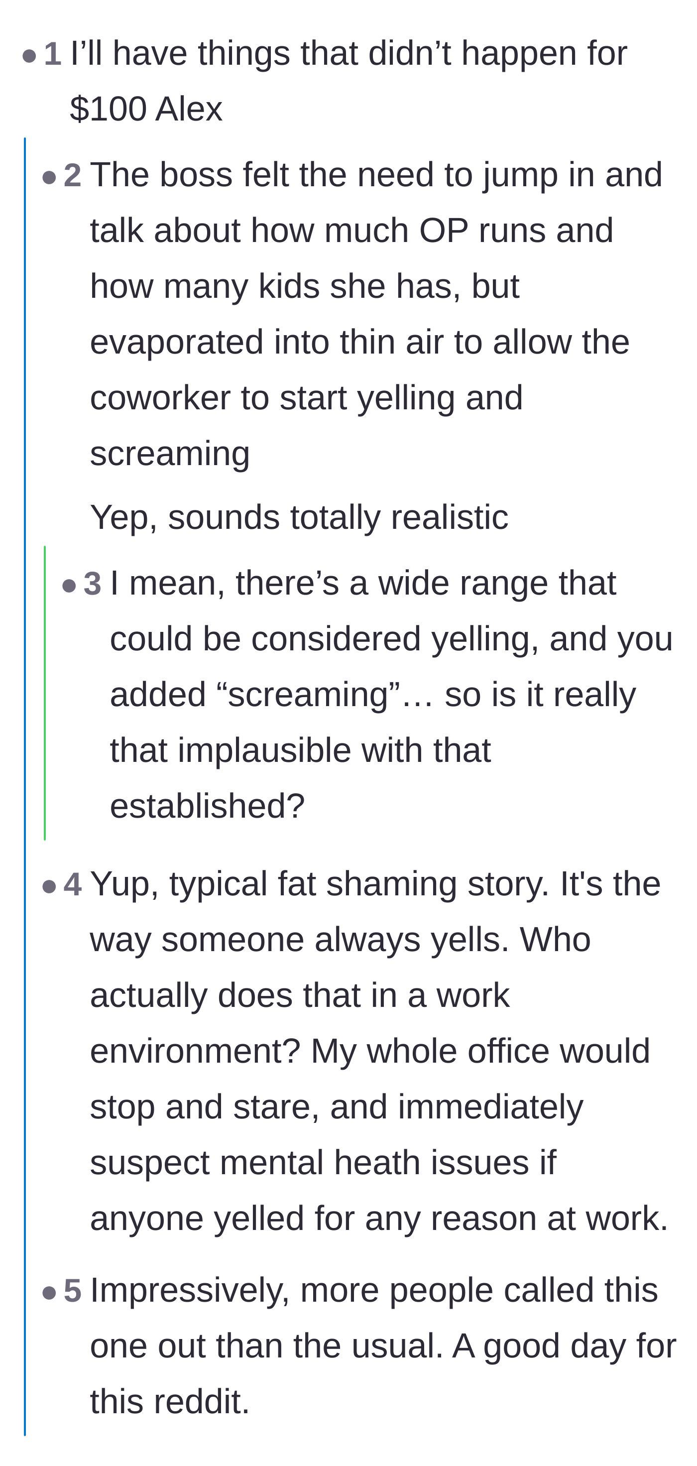 Comment thread 3 - Skeptical readers pointing out the unrealistic timing of the boss's defense and the theatrical yelling.