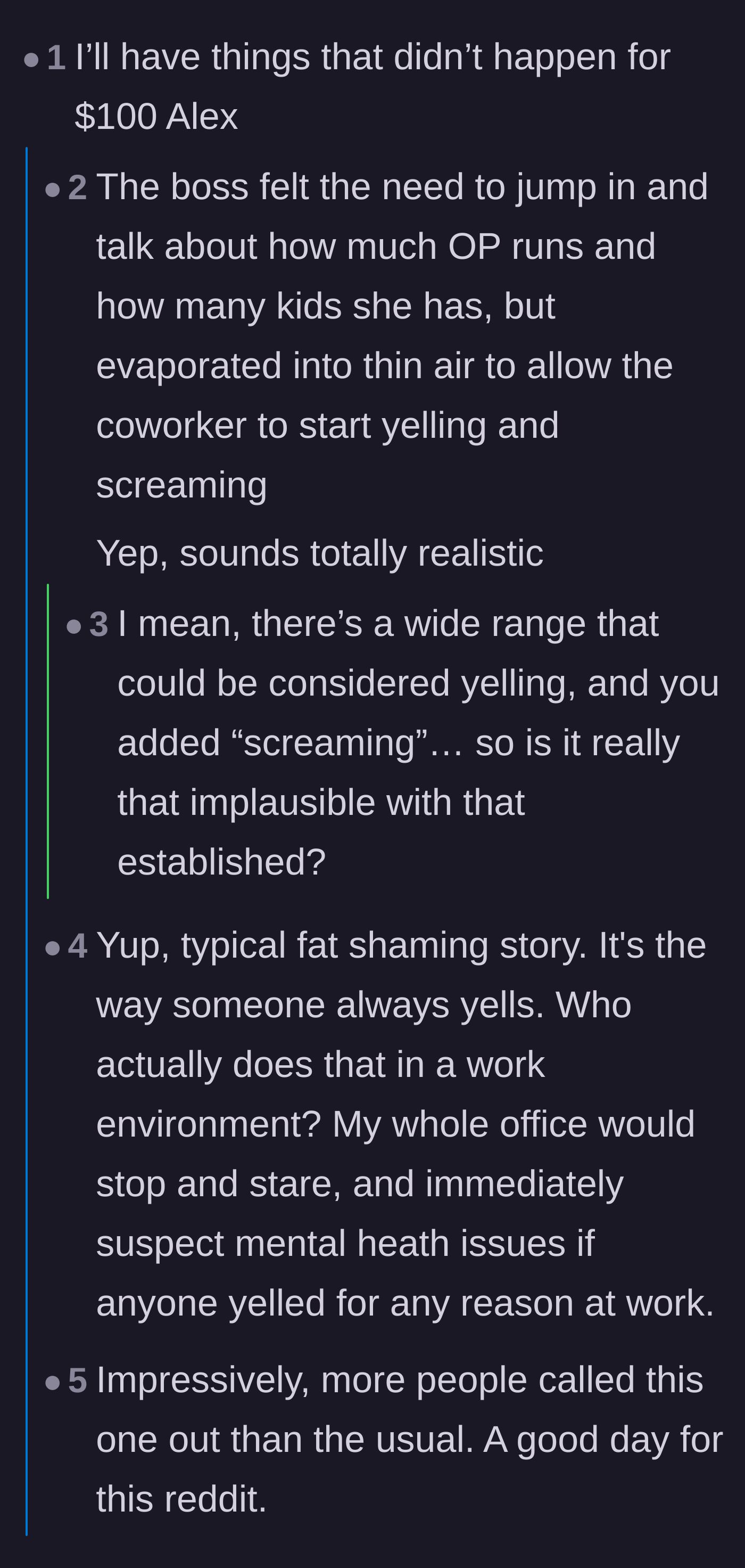 Comment thread 3 - Skeptical readers pointing out the unrealistic timing of the boss's defense and the theatrical yelling.