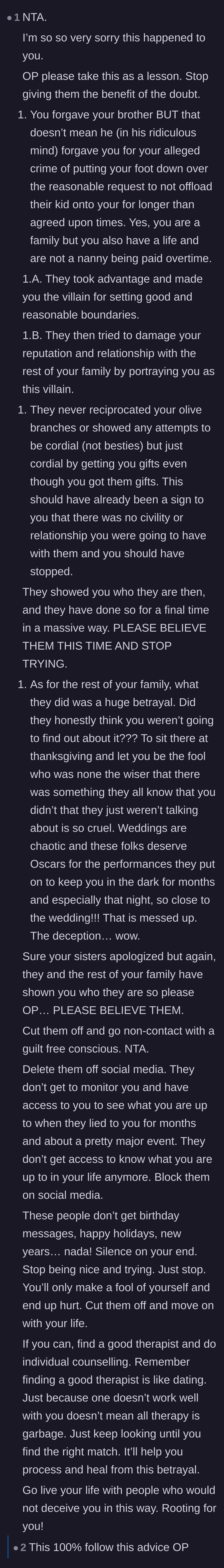 Comment thread 3 - Passionate advice urging the author to stop trying, block the family, and seek therapy.