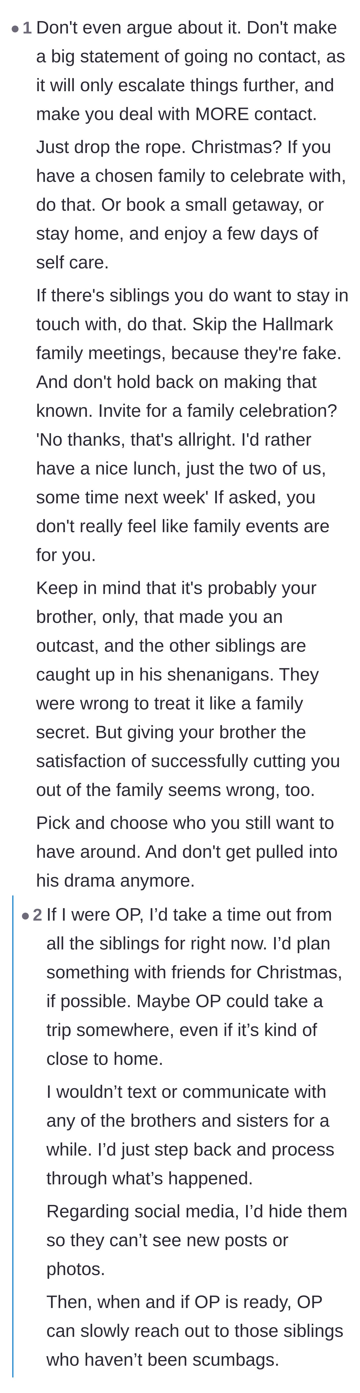 Comment thread 5 - Suggestions to quietly step back and prioritize chosen family instead of making a dramatic exit.