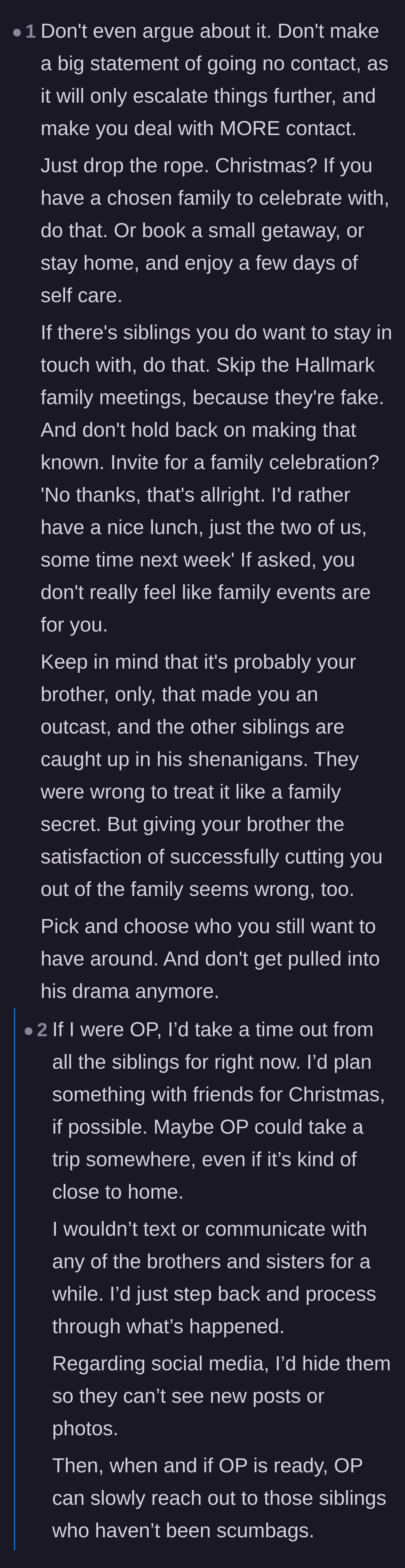 Comment thread 5 - Suggestions to quietly step back and prioritize chosen family instead of making a dramatic exit.