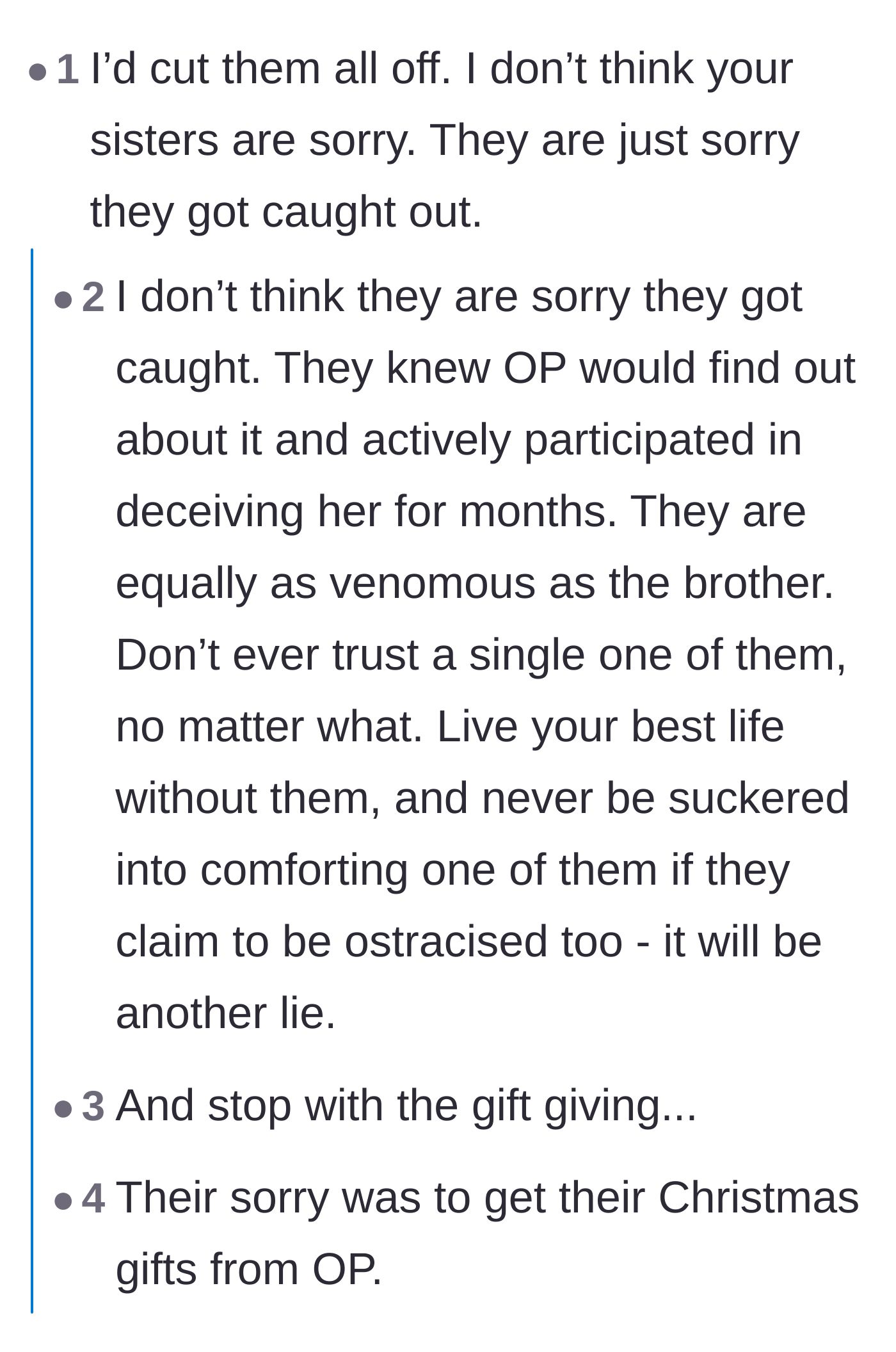 Comment thread 6 - Calling out the sisters' apologies as fake and motivated by upcoming Christmas gifts.