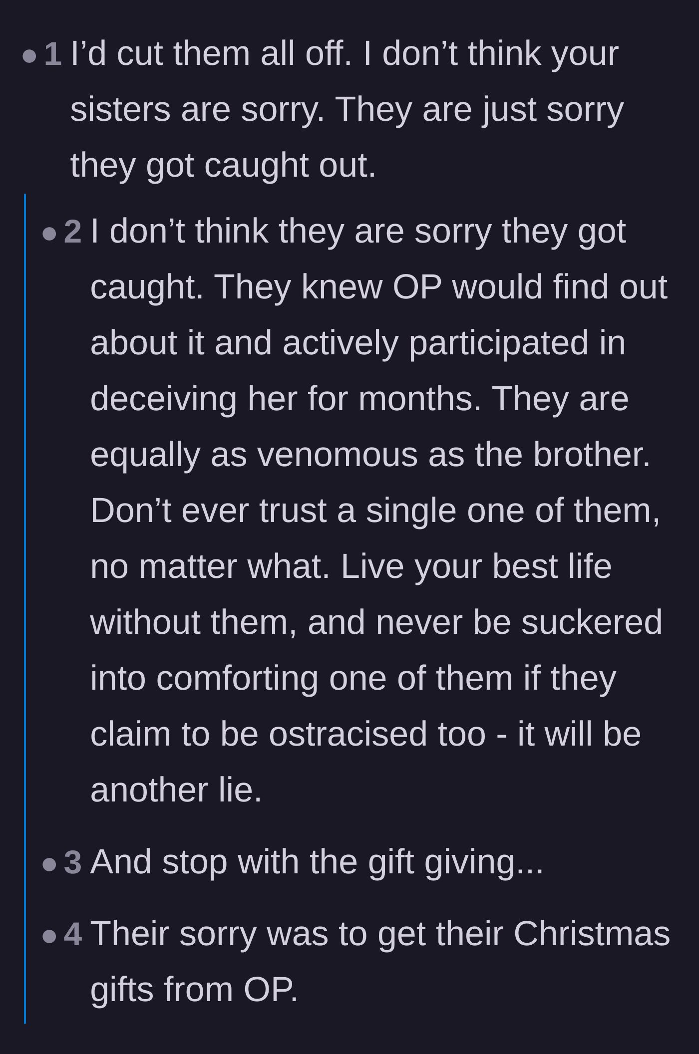 Comment thread 6 - Calling out the sisters' apologies as fake and motivated by upcoming Christmas gifts.