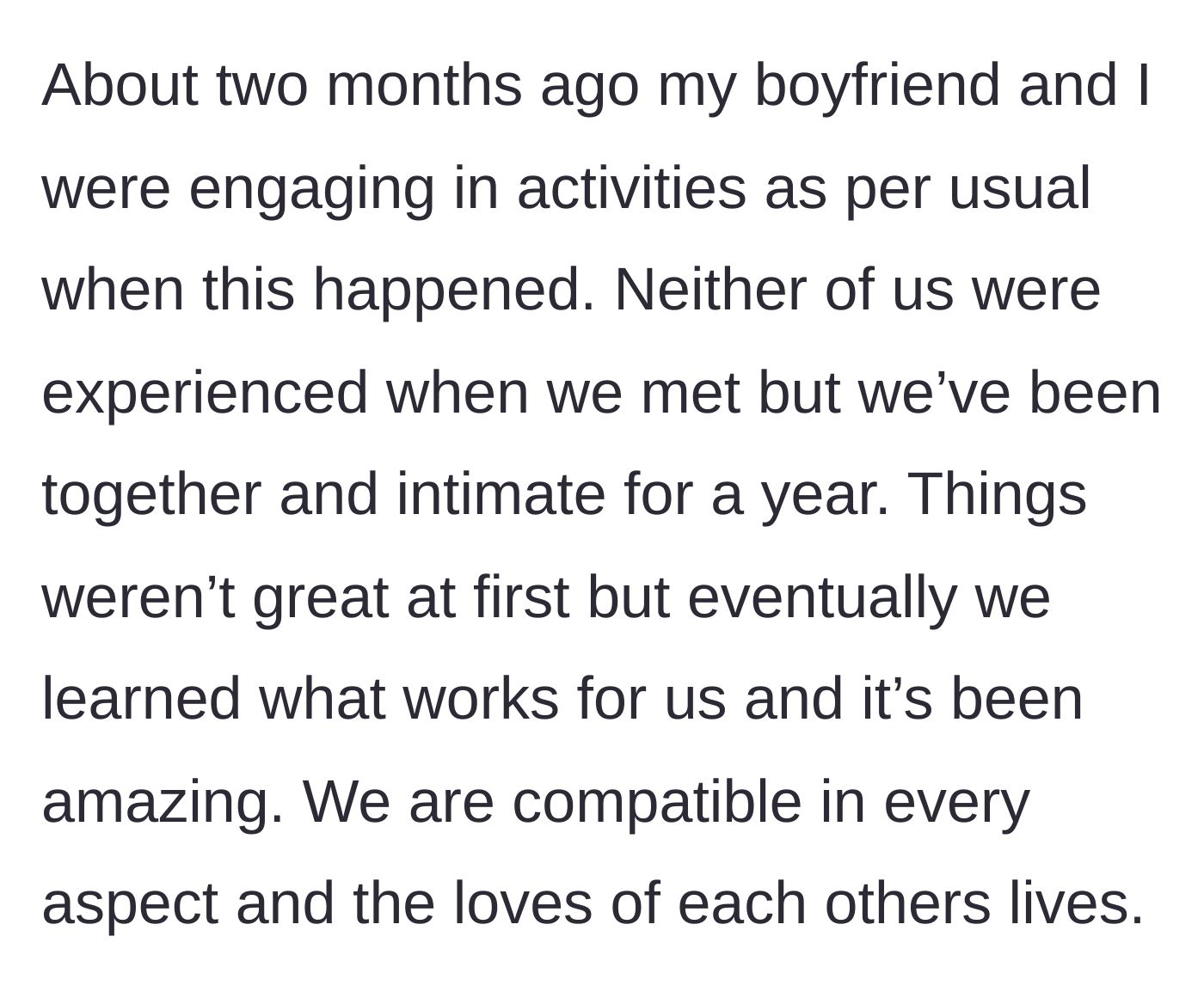 Story part 1 - A couple finds their intimate rhythm after a year of dating.