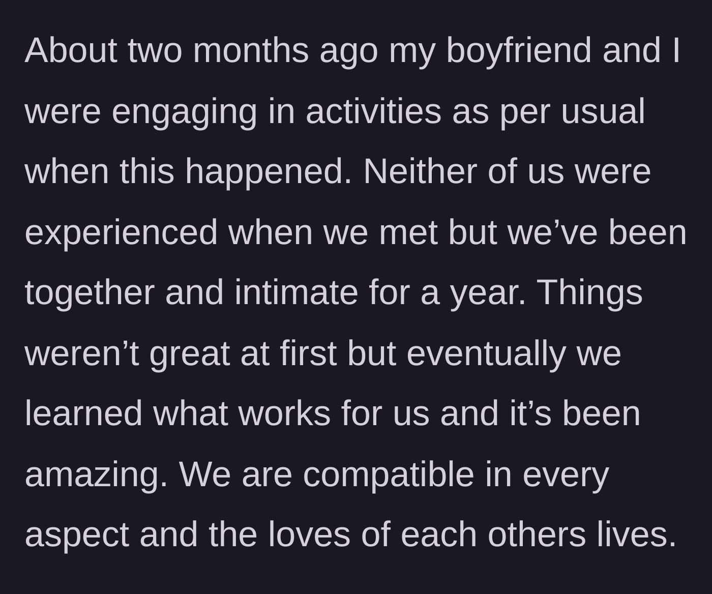 Story part 1 - A couple finds their intimate rhythm after a year of dating.