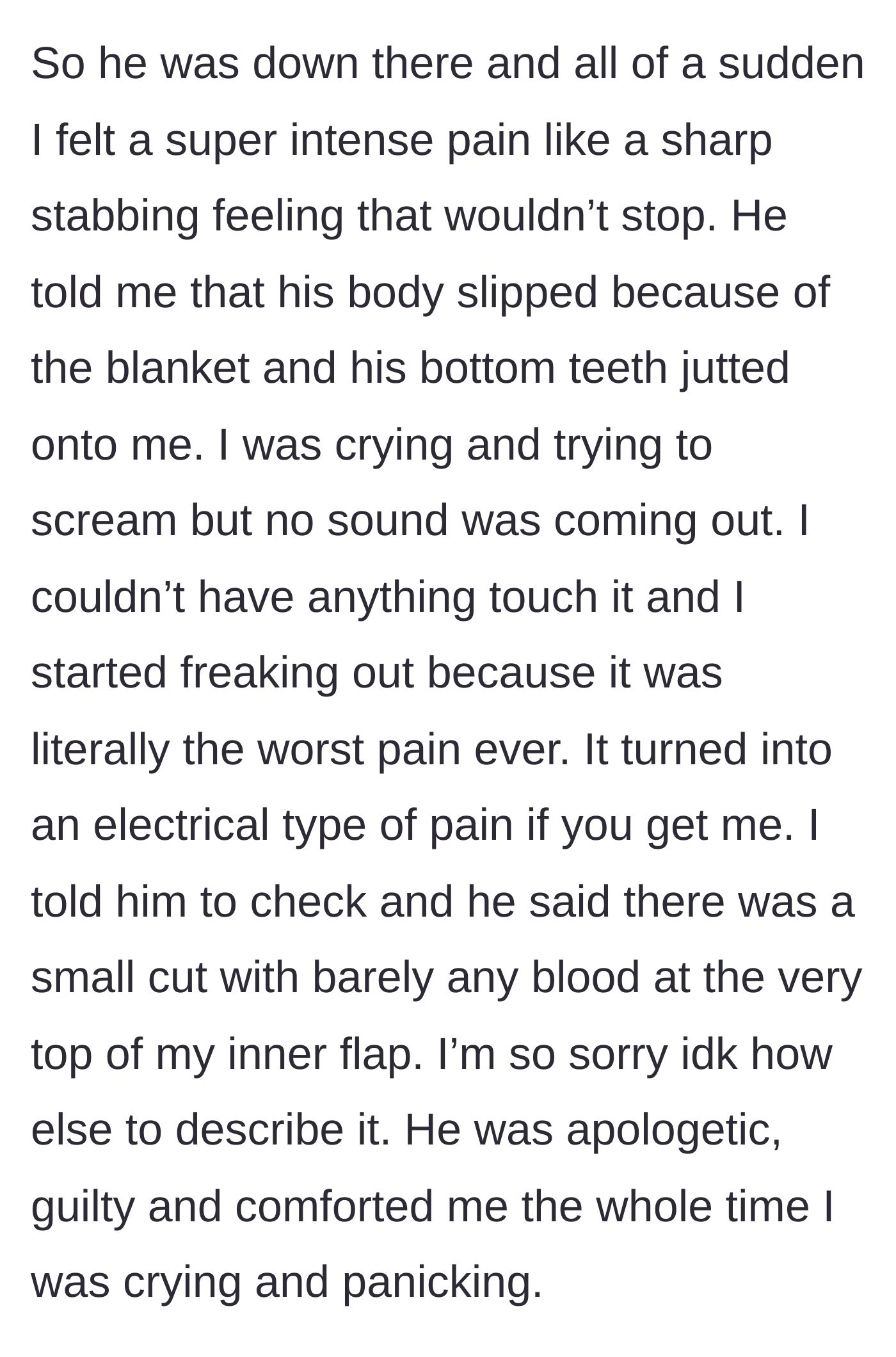 Story part 2 - A severe physical injury occurs during intimacy, causing agonizing pain.
