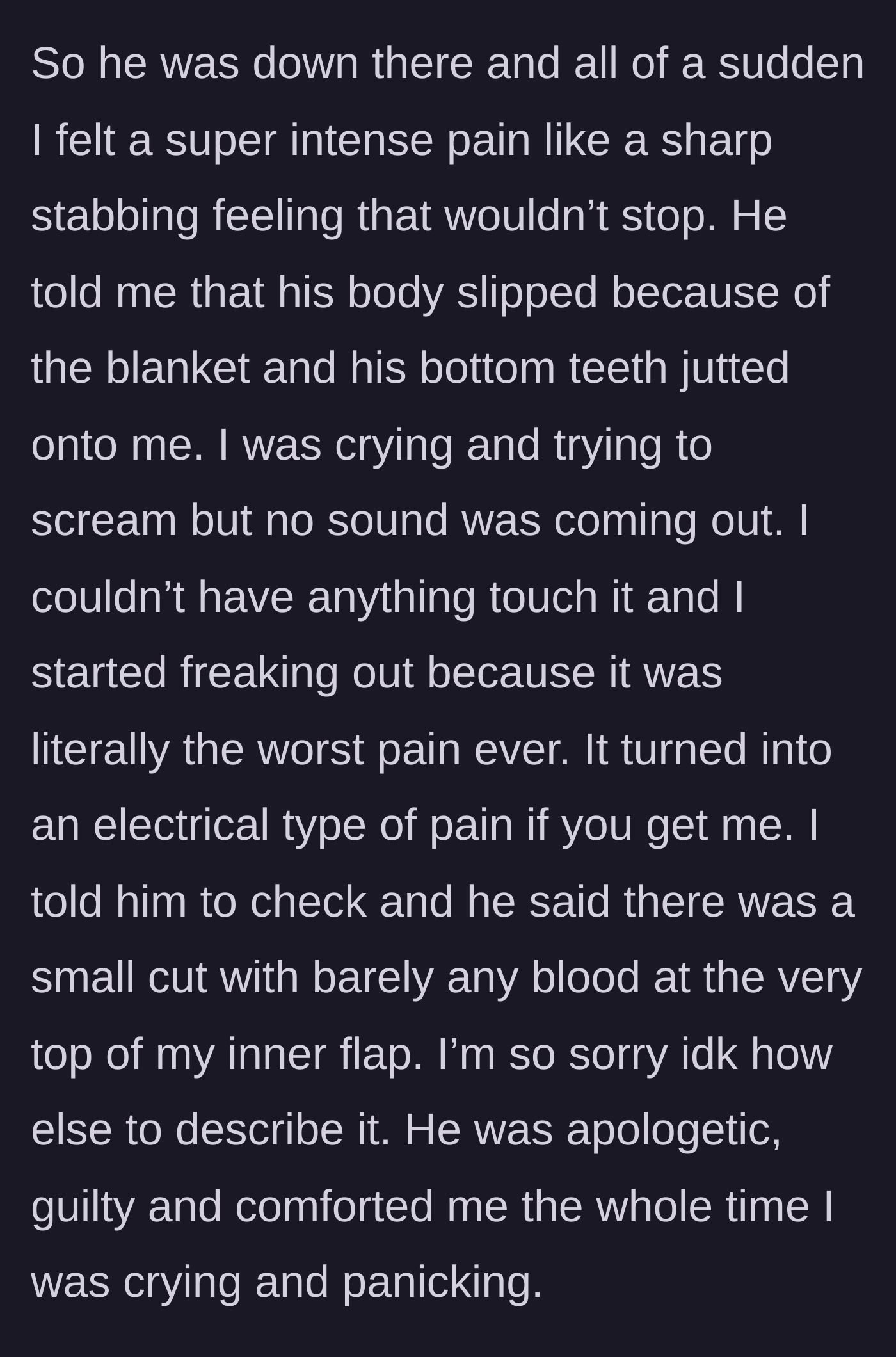 Story part 2 - A severe physical injury occurs during intimacy, causing agonizing pain.