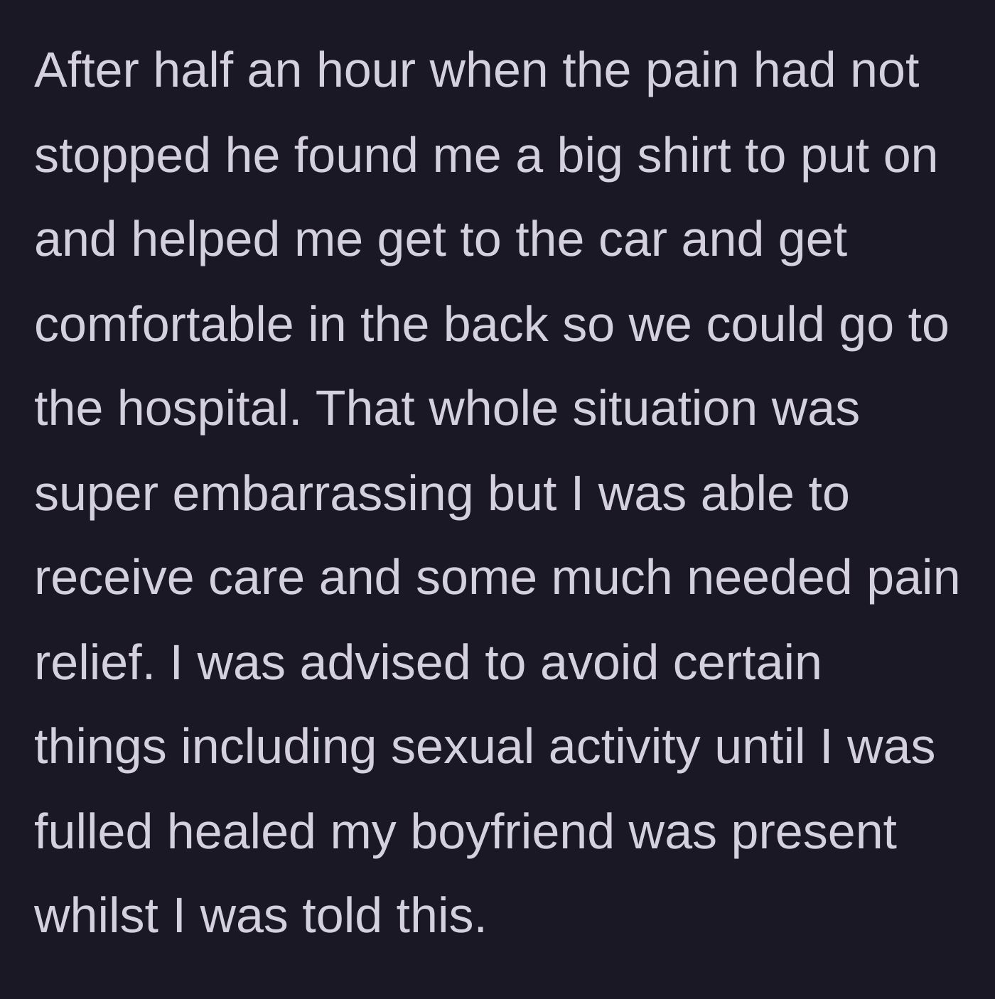 Story part 3 - A trip to the hospital results in medical advice to abstain from intimacy.