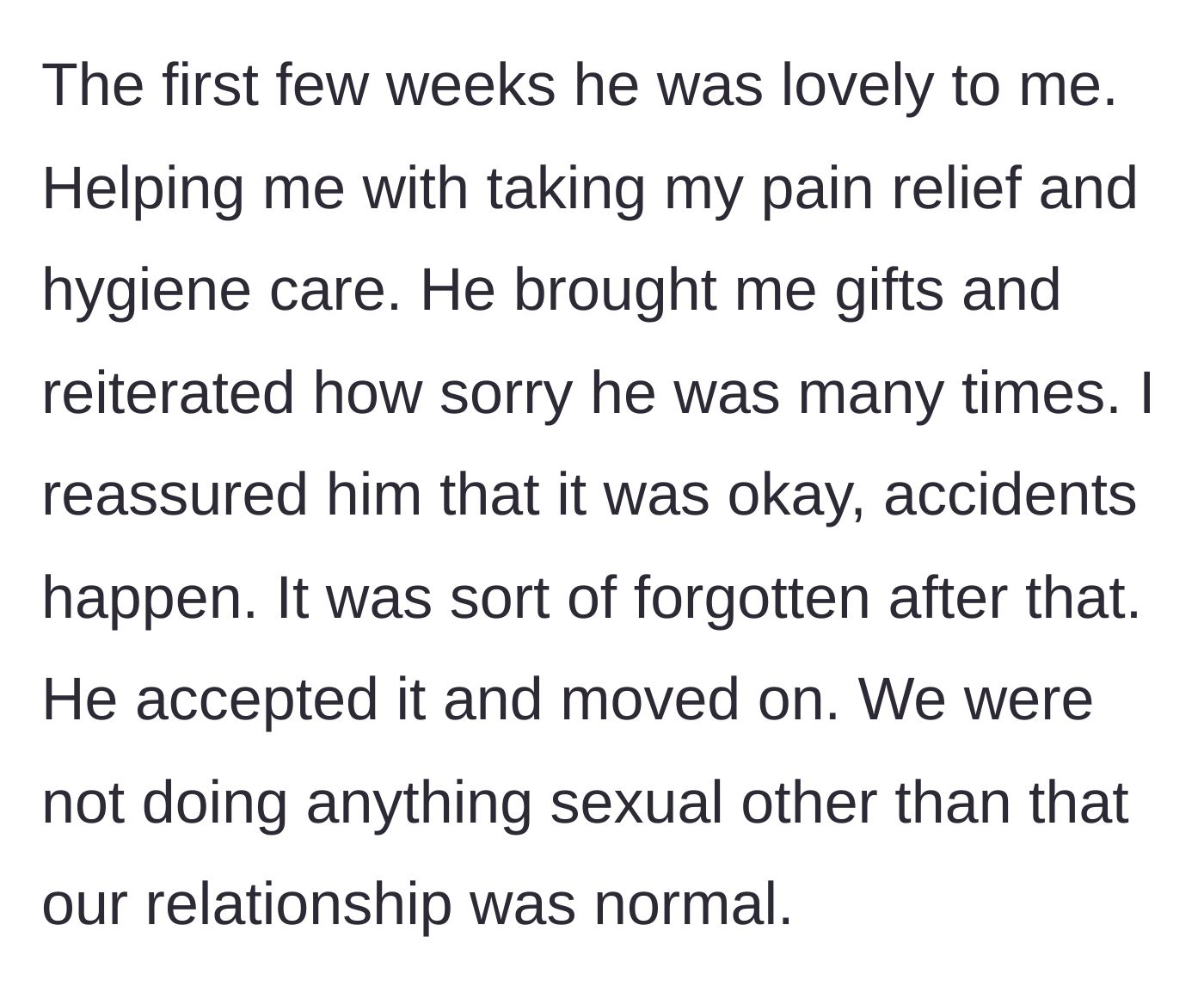 Story part 4 - The boyfriend acts as a diligent and apologetic caregiver for a few weeks.