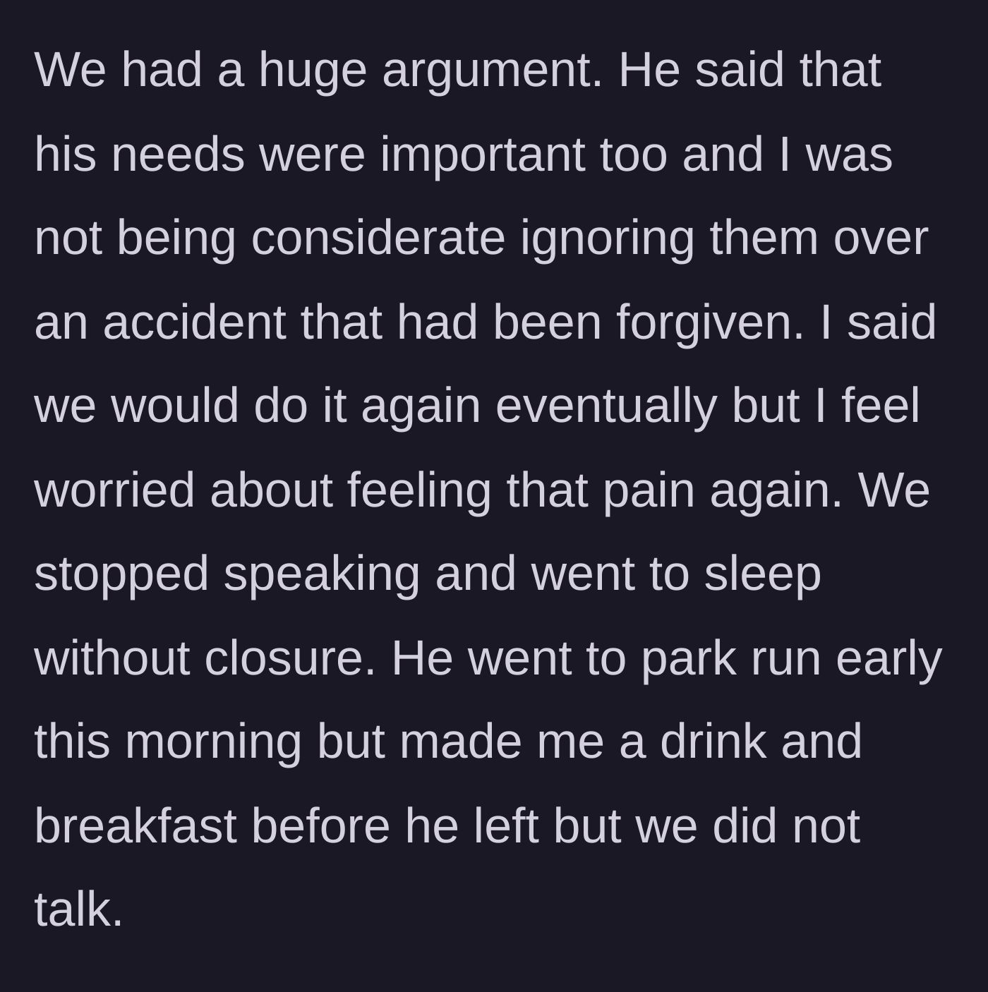 Story part 6 - A massive argument ensues over his sexual demands and her lingering fear.