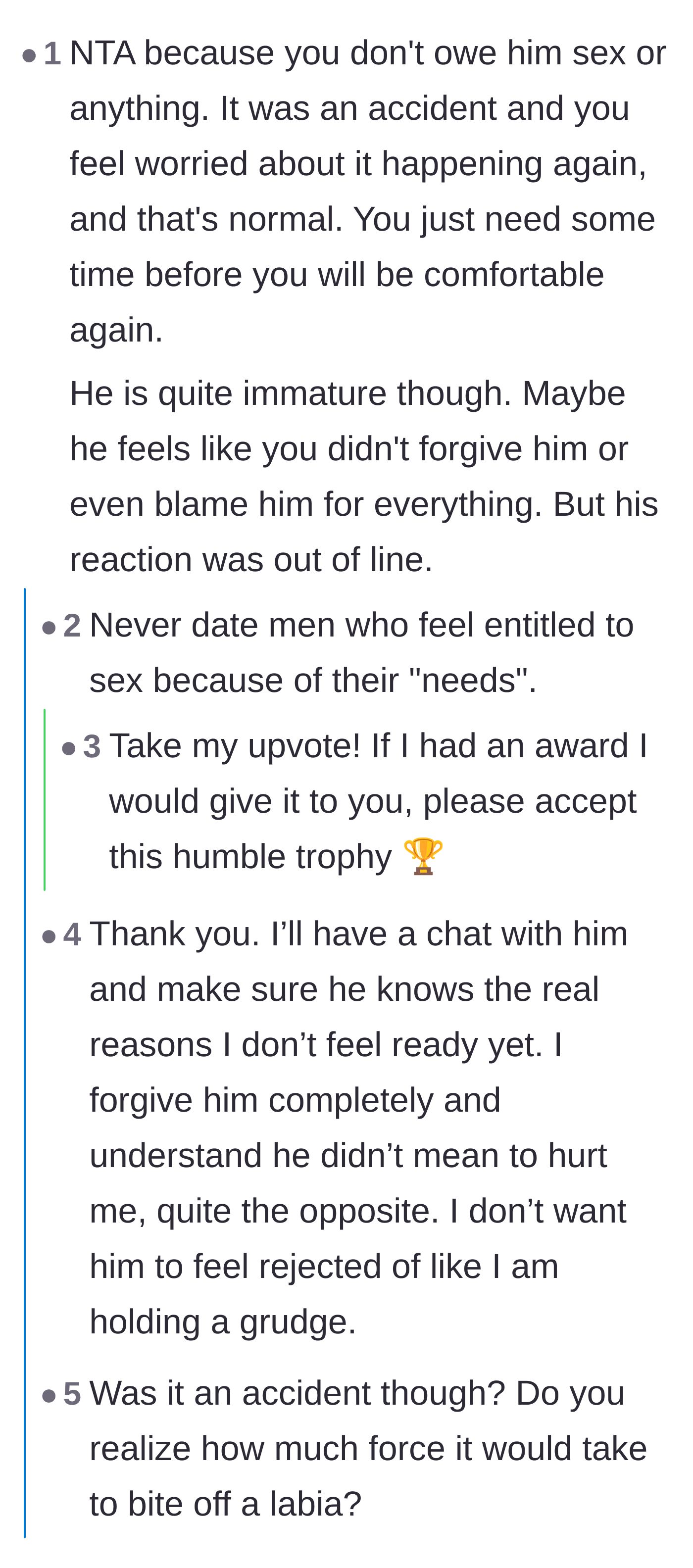Comment thread 1 - Commenters debate the crucial difference between biological needs and sexual desires, emphasizing the mental toll of trauma.