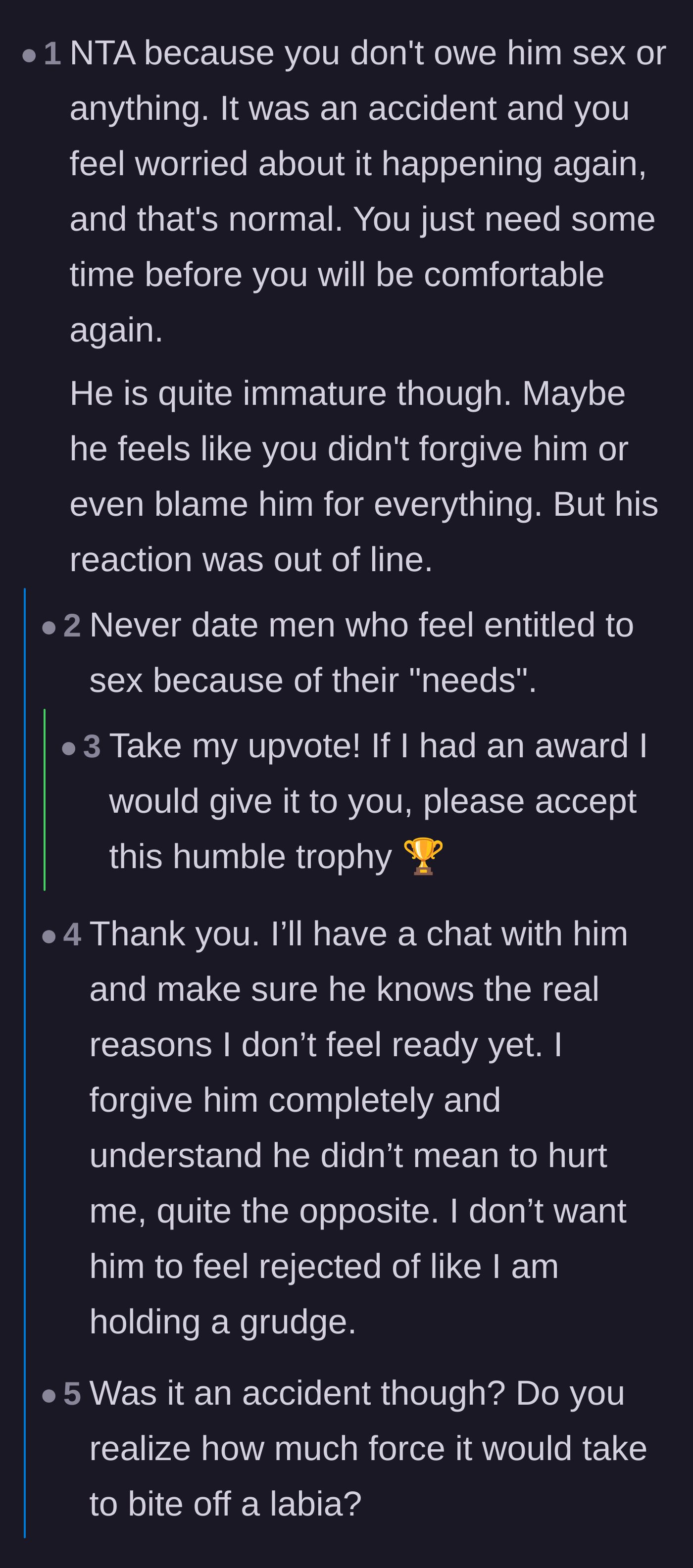 Comment thread 1 - Commenters debate the crucial difference between biological needs and sexual desires, emphasizing the mental toll of trauma.