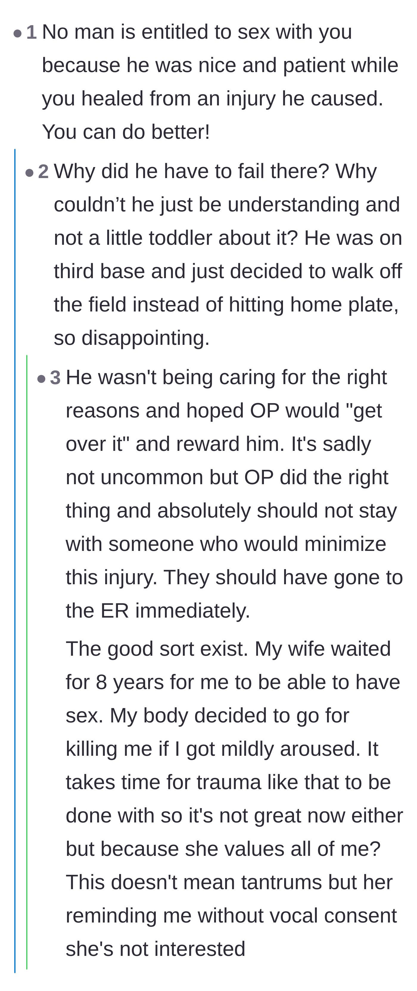 Comment thread 2 - A discussion calling out the boyfriend's transactional approach to caregiving and his subsequent tantrum.