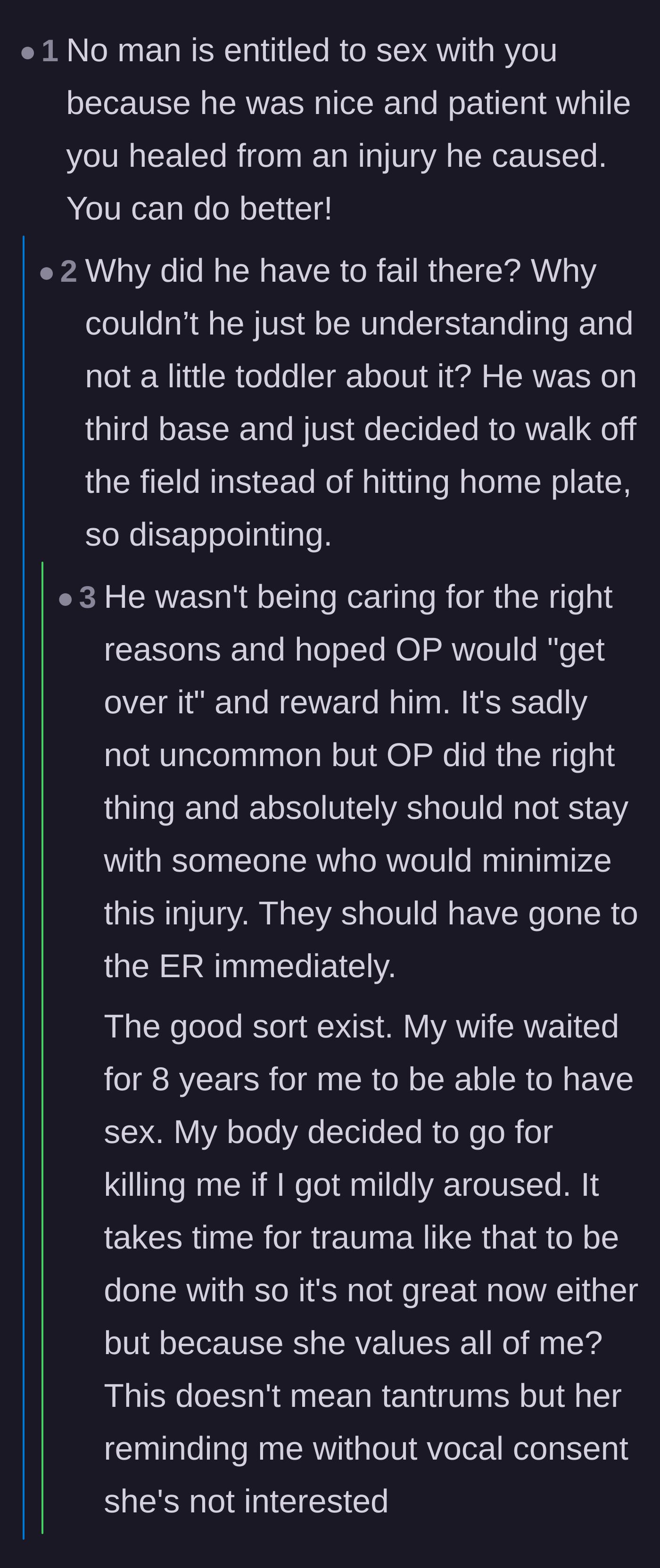 Comment thread 2 - A discussion calling out the boyfriend's transactional approach to caregiving and his subsequent tantrum.