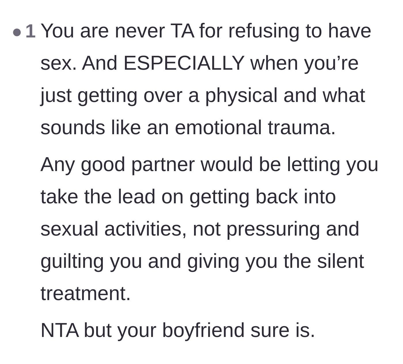 Comment thread 4 - A firm reminder that refusing intimacy is always acceptable and that good partners allow the victim to set the pace.