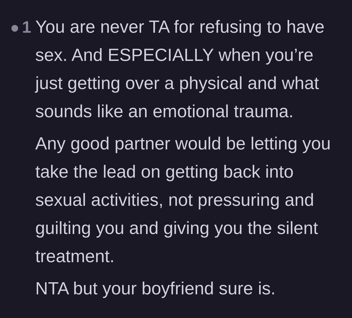 Comment thread 4 - A firm reminder that refusing intimacy is always acceptable and that good partners allow the victim to set the pace.