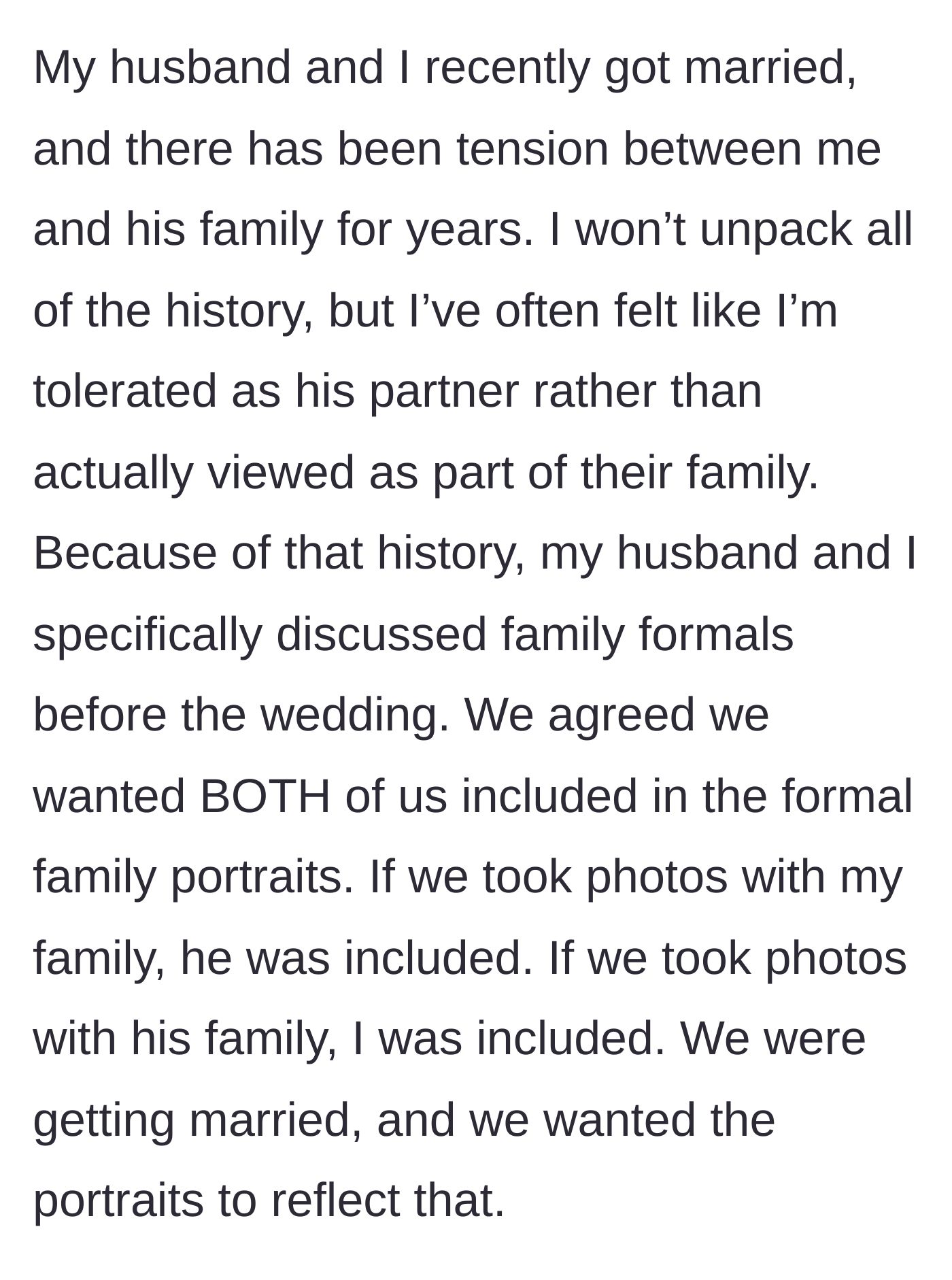 Story part 1 - A bride and groom earnestly discussing their wedding photo boundaries to ensure they are both included as a united front.