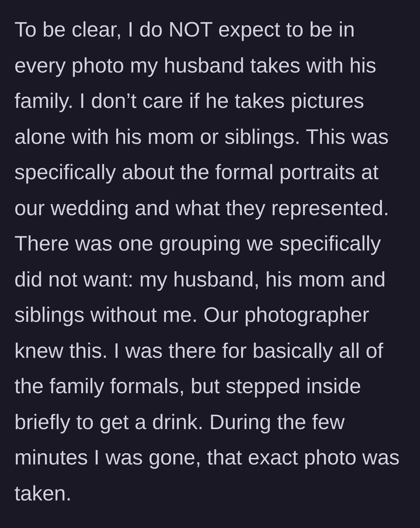 Story part 2 - A bride slipping away for a quick drink while her new mother-in-law sneaks a forbidden family photo behind her back.
