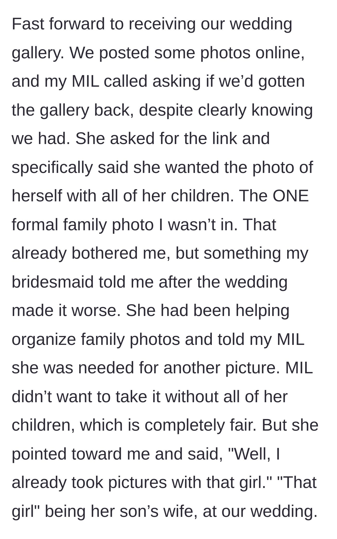 Story part 3 - A bridesmaid whispering shocking gossip to a tearful bride about the mother-in-law's cruel comments during the reception.