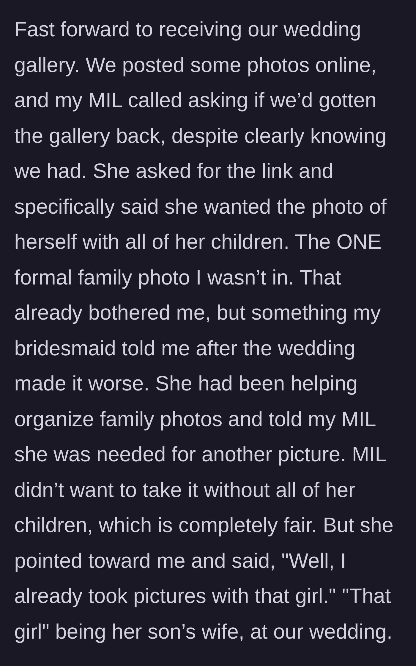 Story part 3 - A bridesmaid whispering shocking gossip to a tearful bride about the mother-in-law's cruel comments during the reception.