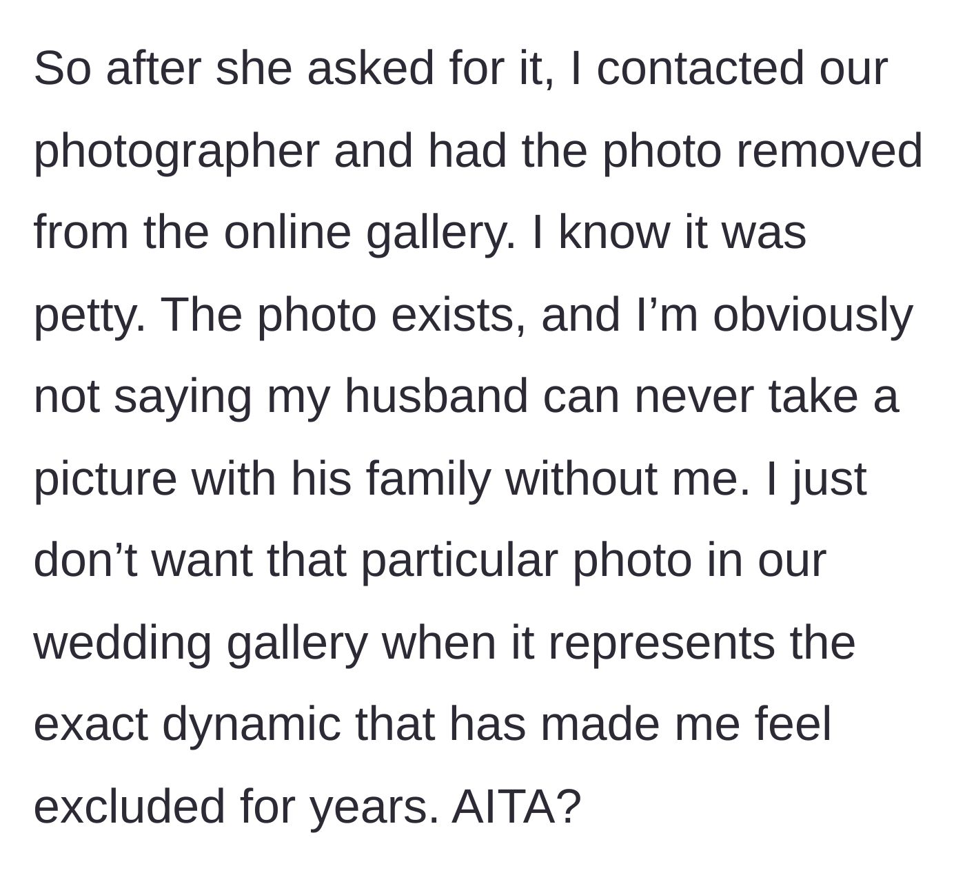 Story part 5 - A resolute bride emailing her wedding photographer to delete the hurtful family photo from the online gallery once and for all.