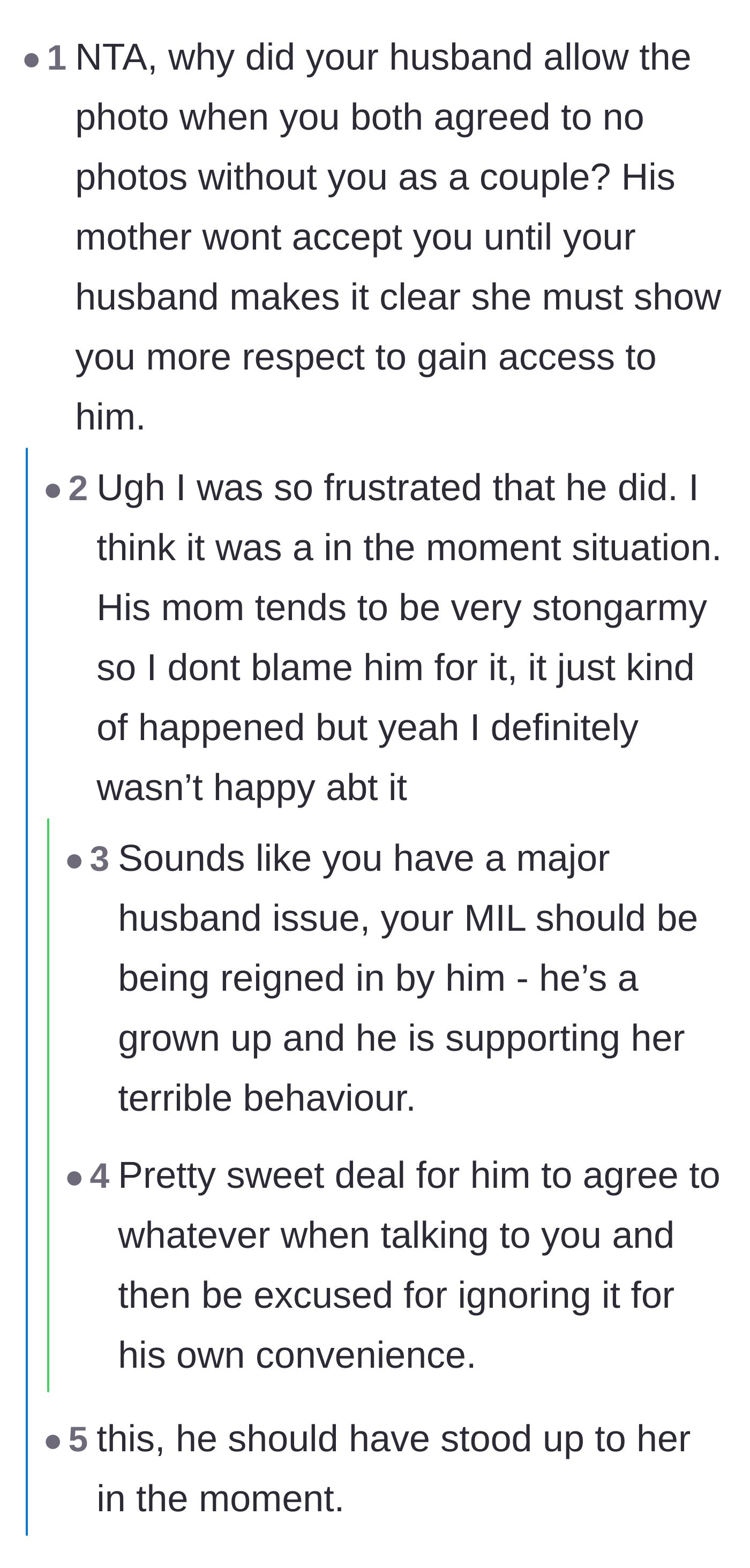Comment thread 1 - Readers debating whether the husband was right to 'keep the peace' by taking the photo or if he completely betrayed his new wife.