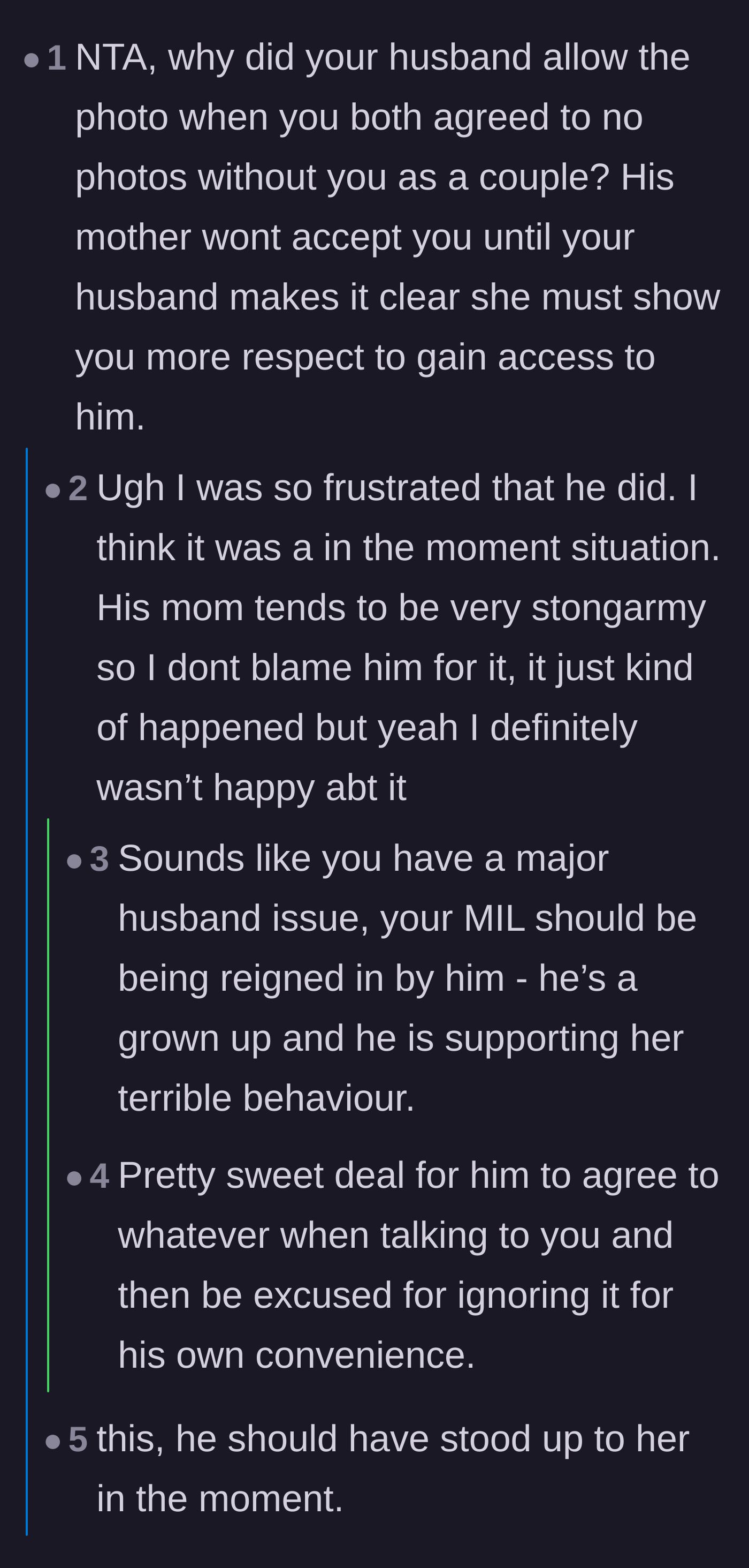 Comment thread 1 - Readers debating whether the husband was right to 'keep the peace' by taking the photo or if he completely betrayed his new wife.