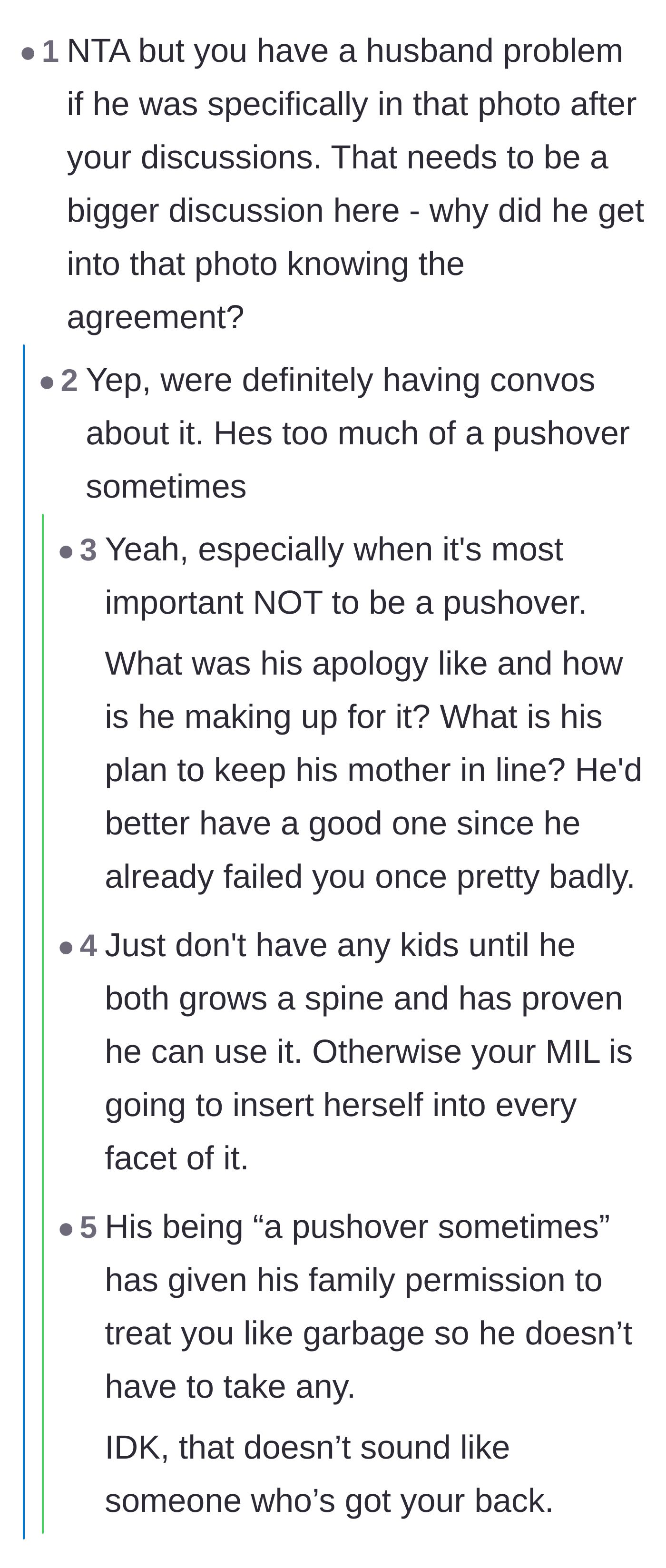 Comment thread 2 - Commenters warning the bride not to have children or make financial decisions with her husband until he learns to stand up to his mother.