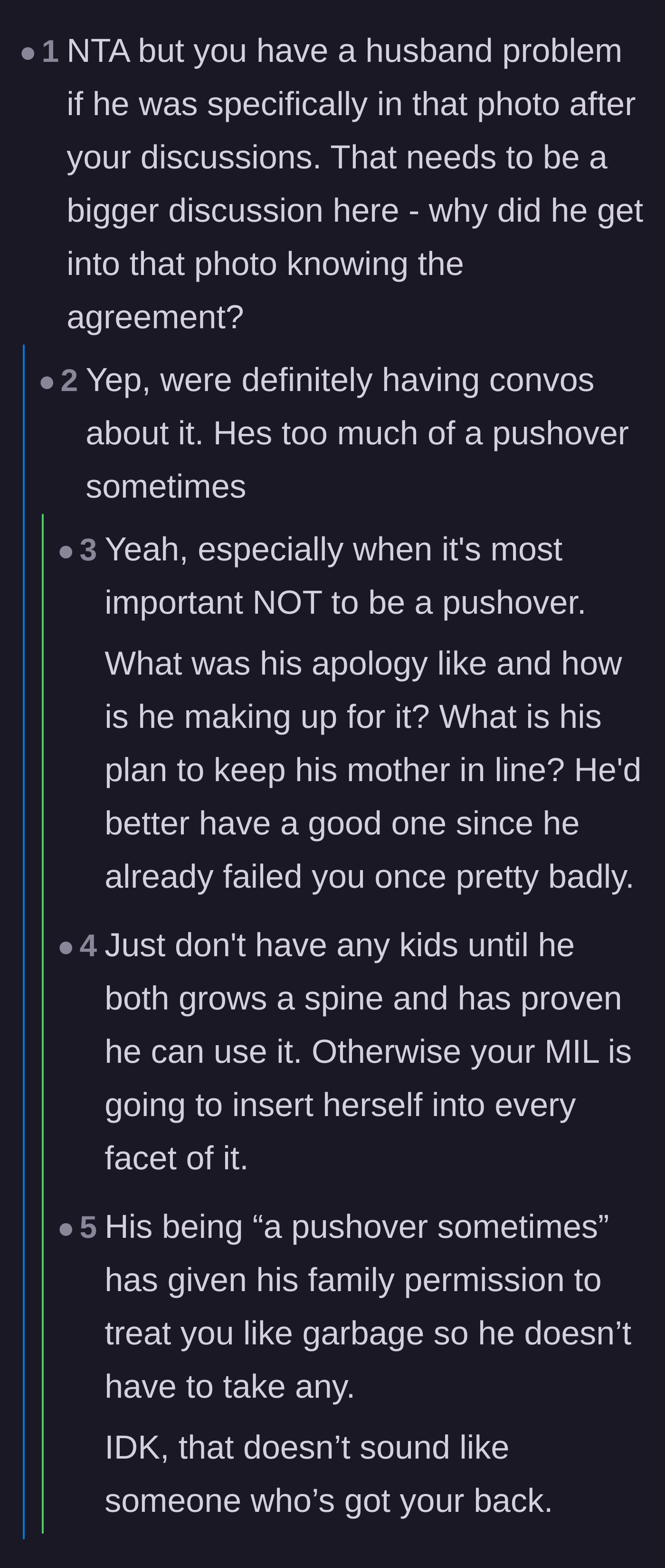Comment thread 2 - Commenters warning the bride not to have children or make financial decisions with her husband until he learns to stand up to his mother.