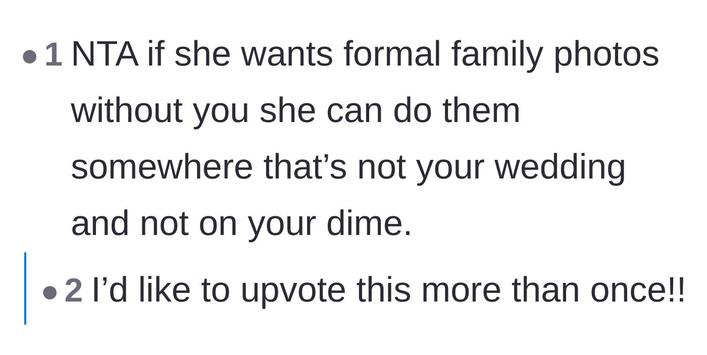 Comment thread 3 - A reader suggesting the mother-in-law can take photos without the bride on her own time and with her own money.
