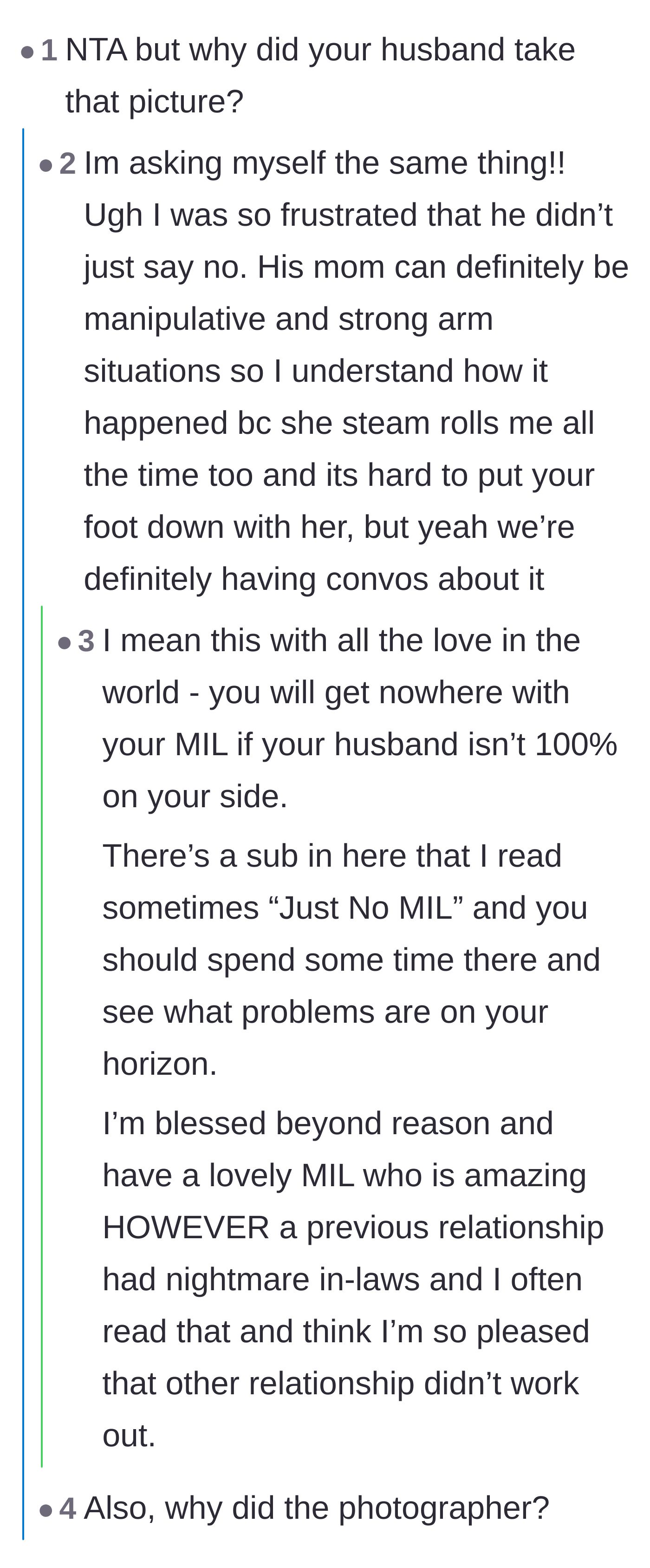 Comment thread 4 - A discussion about how the groom could have easily avoided the photo by just making an excuse to wait for his wife.