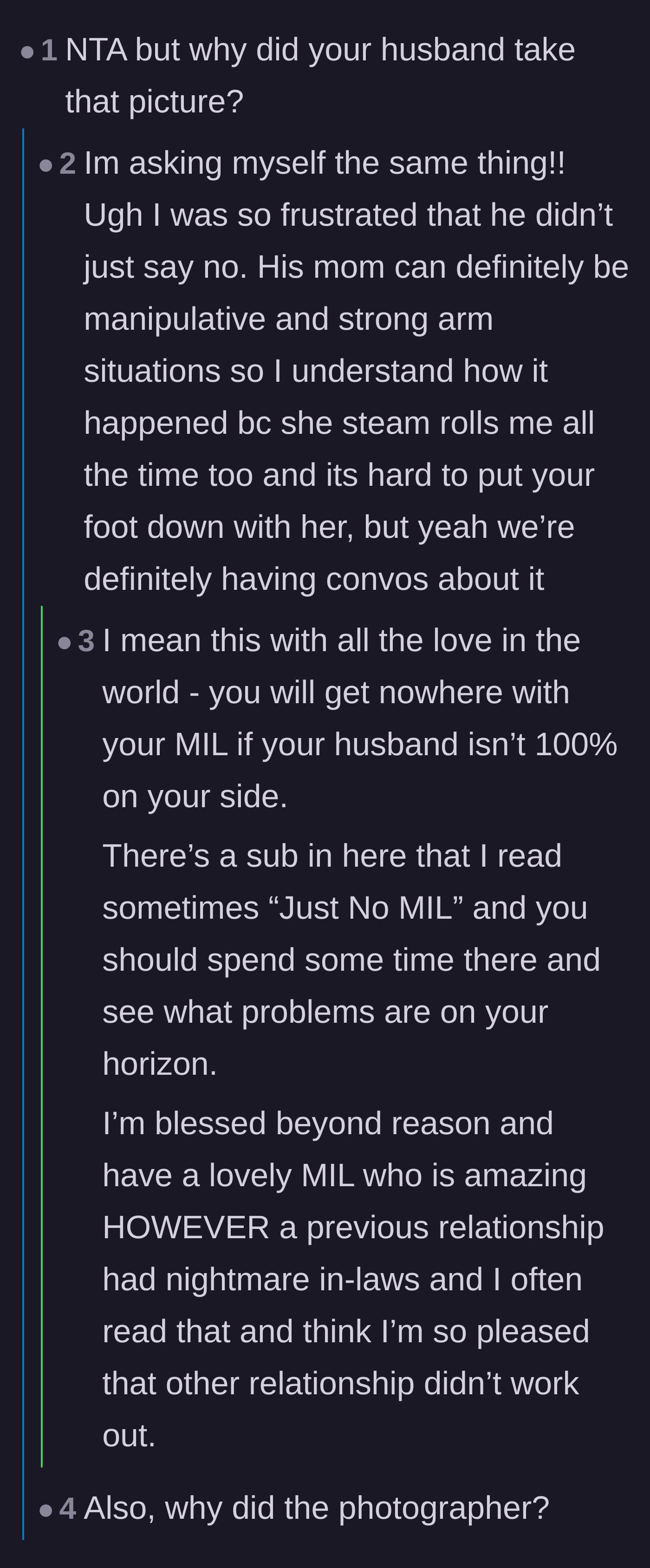 Comment thread 4 - A discussion about how the groom could have easily avoided the photo by just making an excuse to wait for his wife.