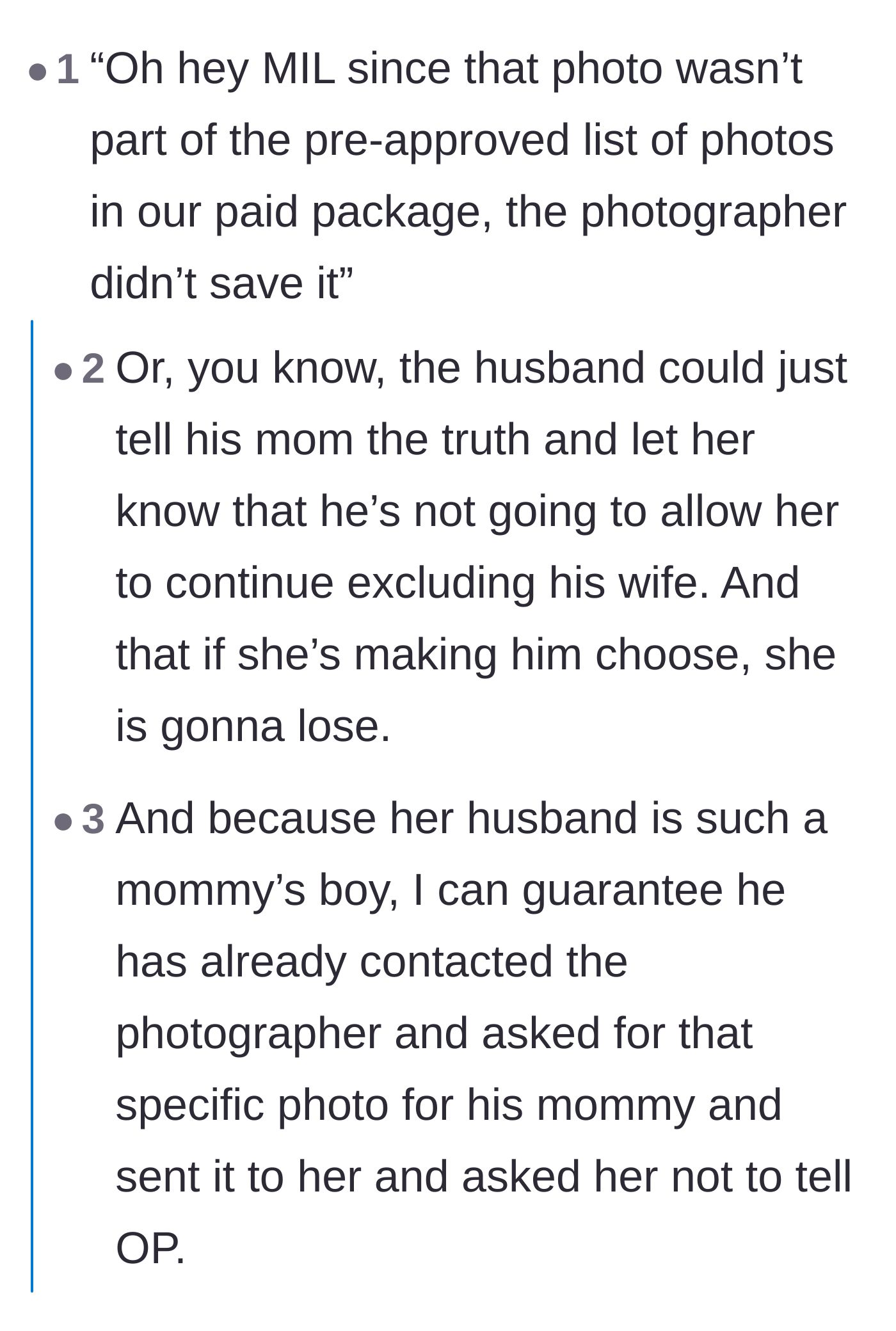 Comment thread 6 - Users debating whether to lie about the photo being deleted, while predicting the groom will secretly send it to his mom anyway.