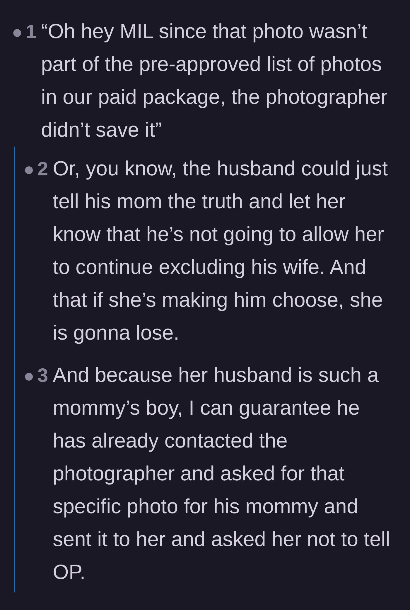 Comment thread 6 - Users debating whether to lie about the photo being deleted, while predicting the groom will secretly send it to his mom anyway.