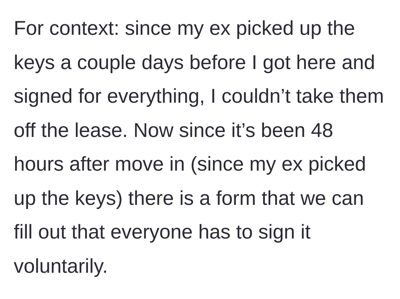 Story part 6 - The main character explains the legal lease trap she is now stuck in because of a 48-hour window.