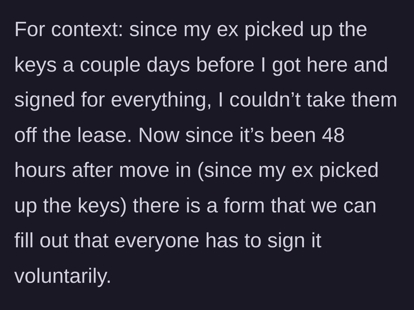 Story part 6 - The main character explains the legal lease trap she is now stuck in because of a 48-hour window.