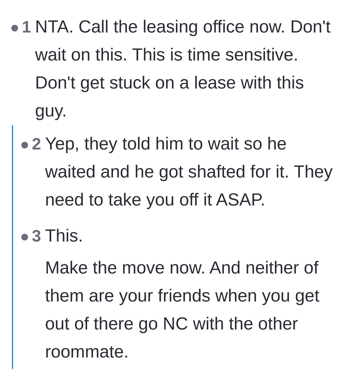 Comment thread 1 - Readers urging the main character to urgently contact the leasing office and drop both roommates.