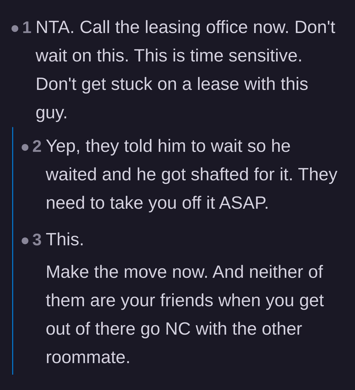 Comment thread 1 - Readers urging the main character to urgently contact the leasing office and drop both roommates.