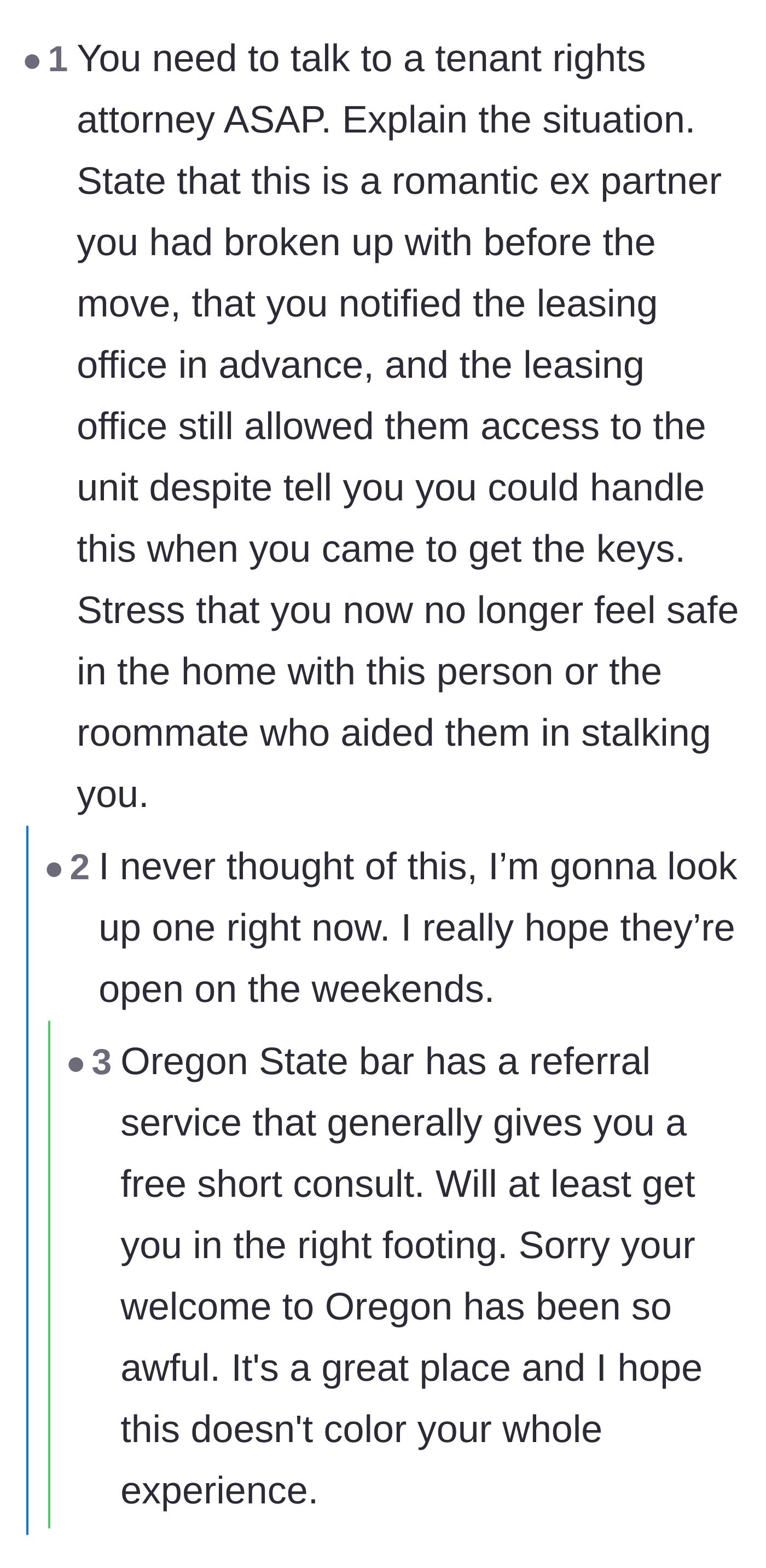Comment thread 3 - Commenters giving detailed legal advice on hiring a tenant rights attorney and filing a restraining order in Oregon.