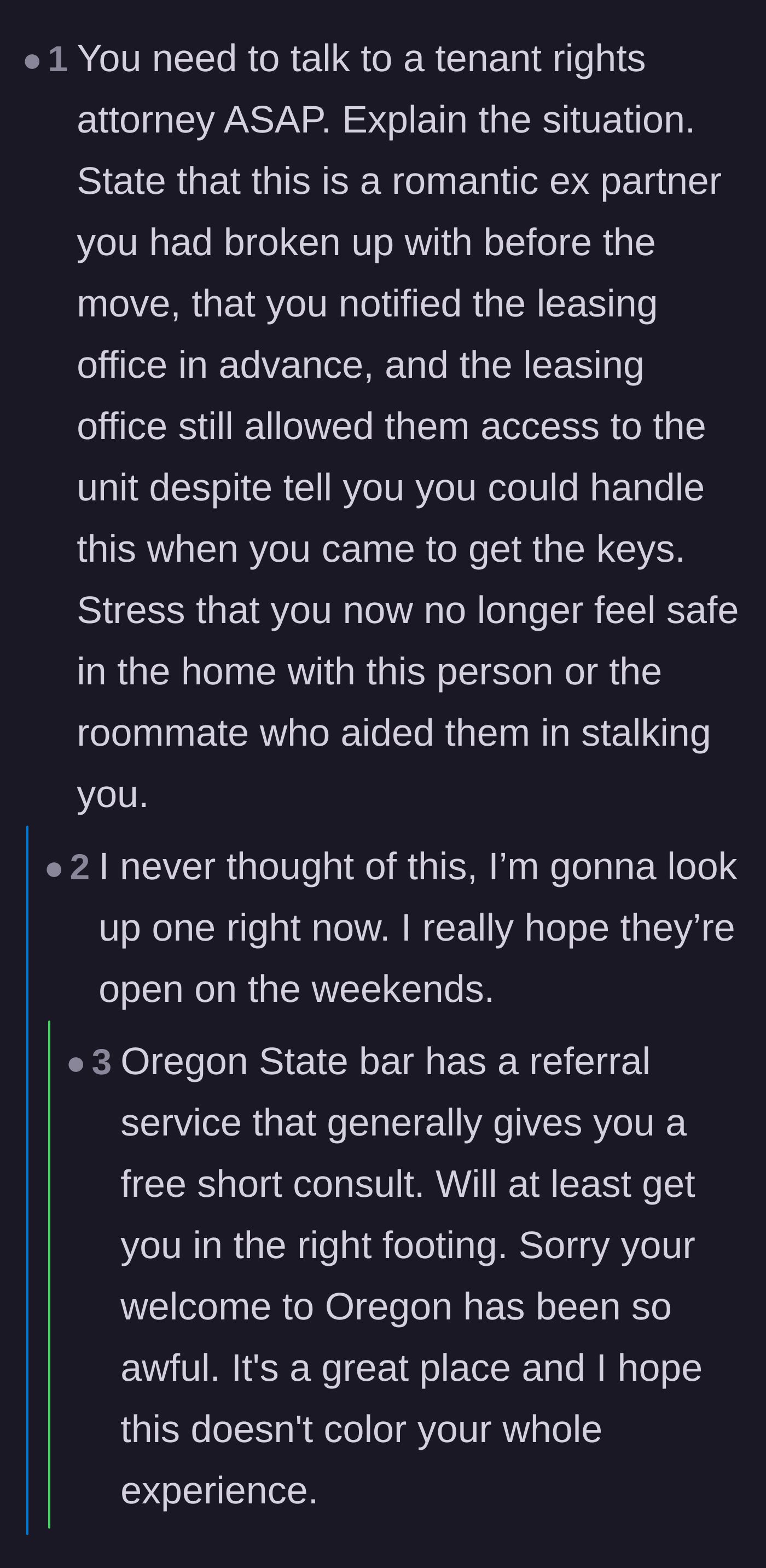 Comment thread 3 - Commenters giving detailed legal advice on hiring a tenant rights attorney and filing a restraining order in Oregon.