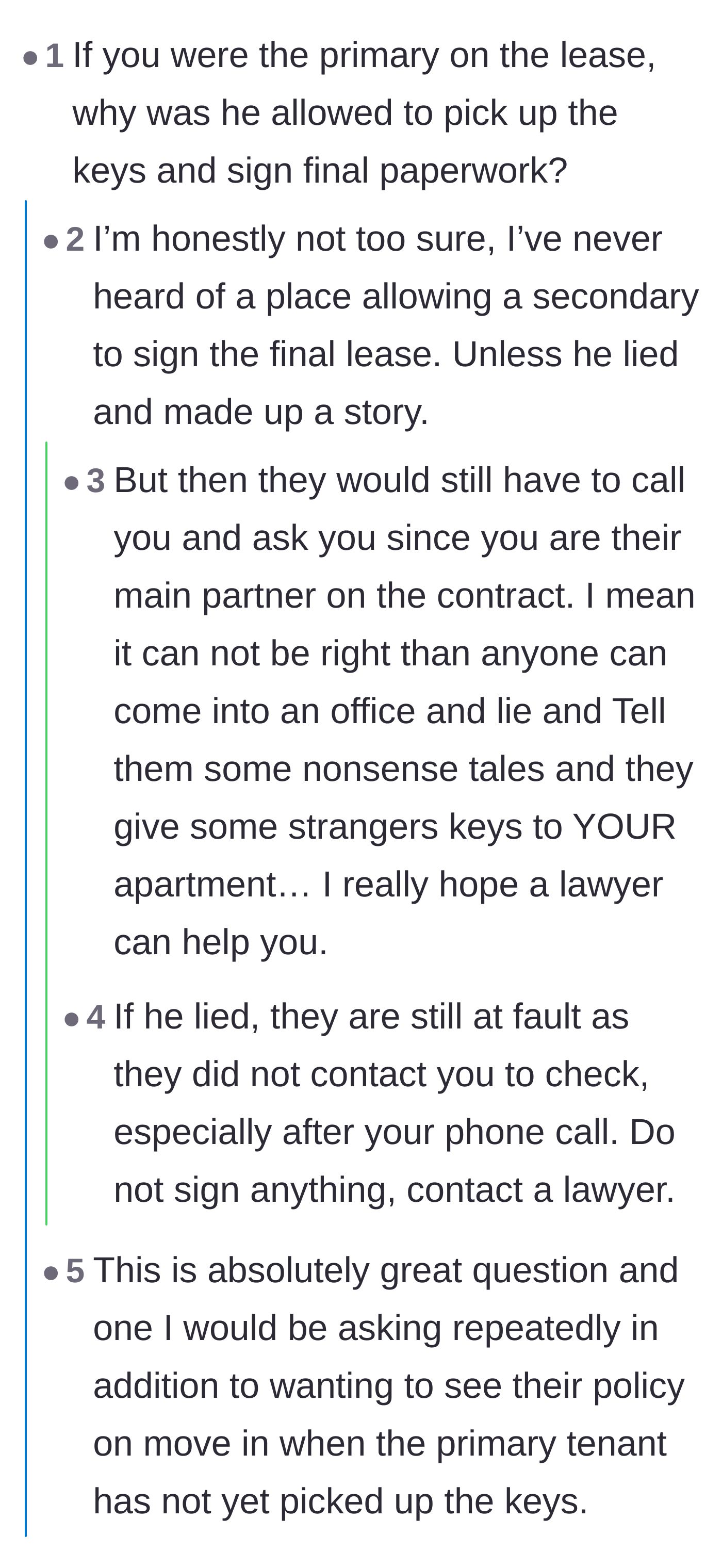 Comment thread 5 - Readers questioning the legal liability of the leasing office for handing keys to a secondary tenant after being told not to.