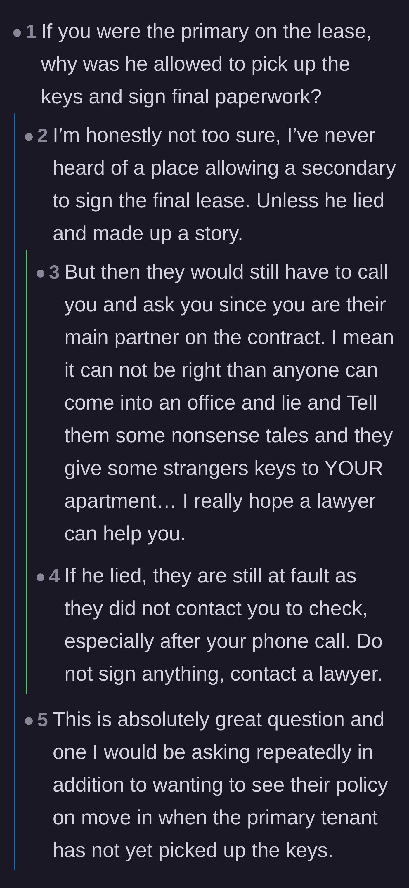 Comment thread 5 - Readers questioning the legal liability of the leasing office for handing keys to a secondary tenant after being told not to.